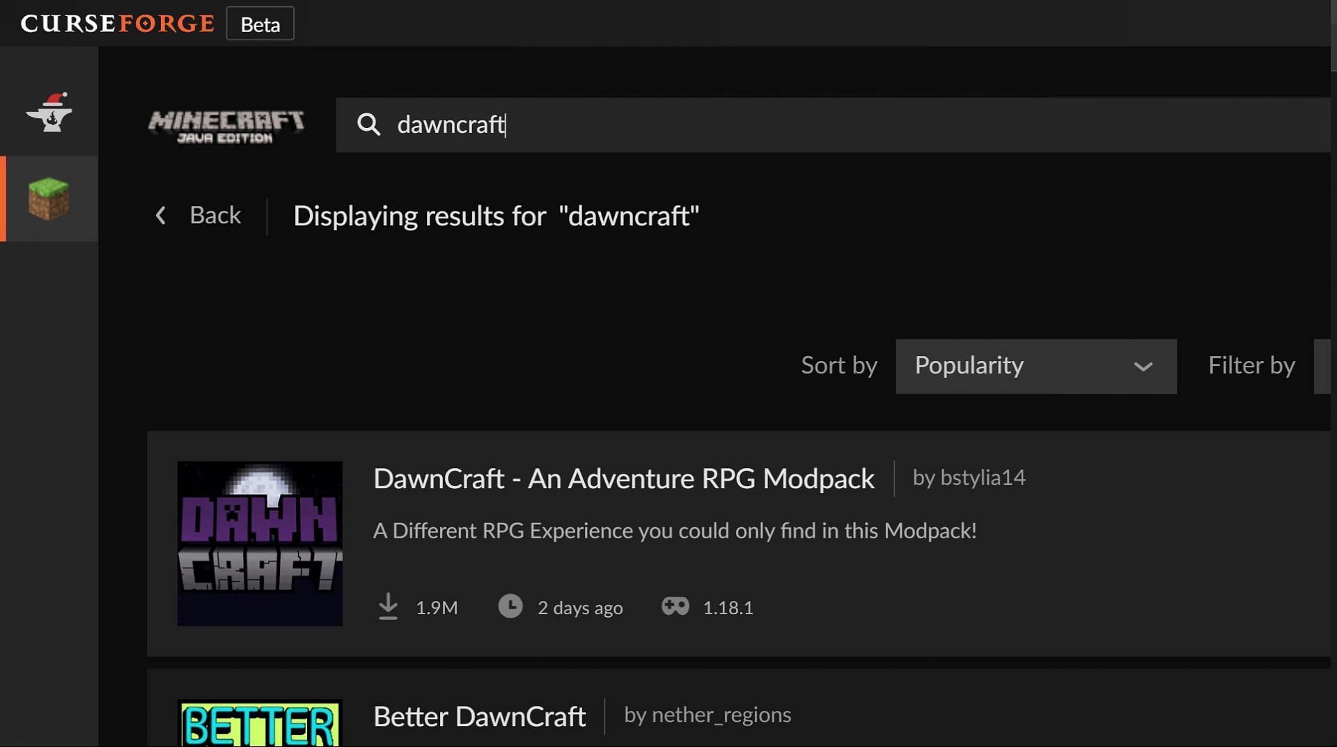 Find DawnCraft modpack for Minecraft in Forge app and install it (Image via Sportskeeda)