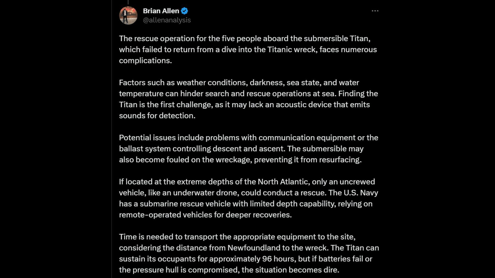 An expert&#039;s detailed analysis of the risks and obstacles involved in the search and rescue operation of the Titan submersible. (Image via Twitter/Brian Allen)