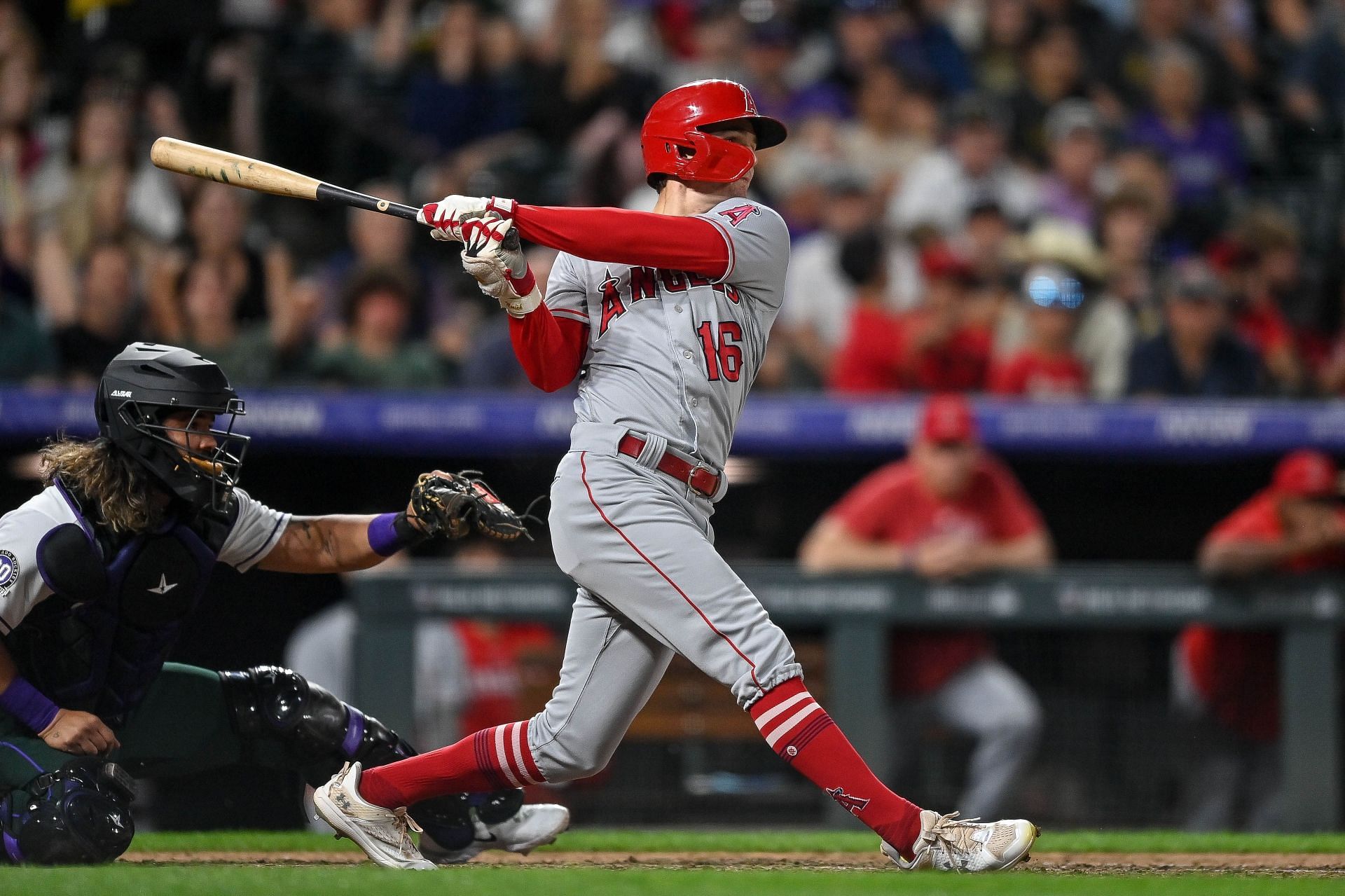 Mickey Moniak of the Los Angeles Angels hits a double against the Colorado Rockies at Coors Field