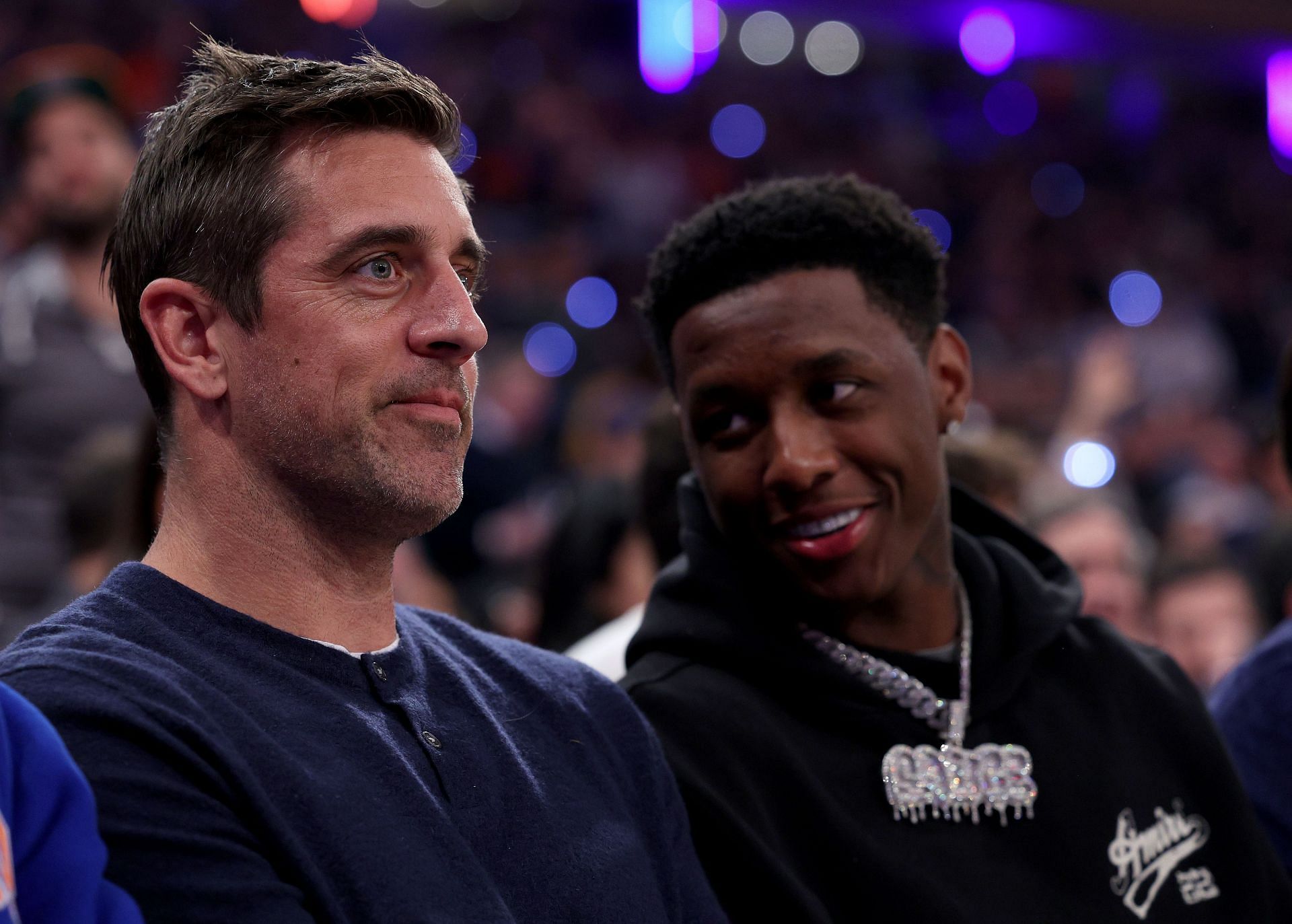Aaron Rodgers and Sauce Gardner during Miami Heat v New York Knicks - Game Two