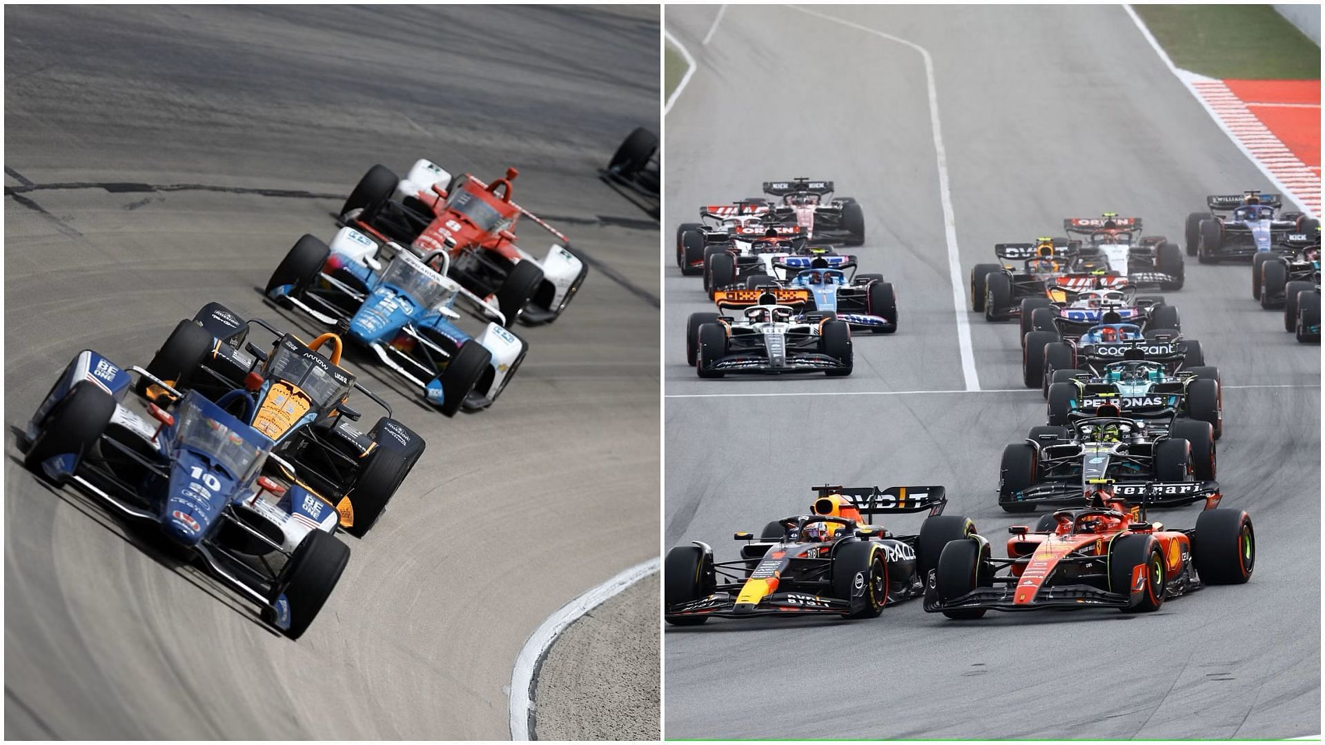IndyCars at NTT IndyCar Series PPG 375 (R) and F1 cars in the 2023 F1 Spanish GP (L) (Collage via Sportskeeda)