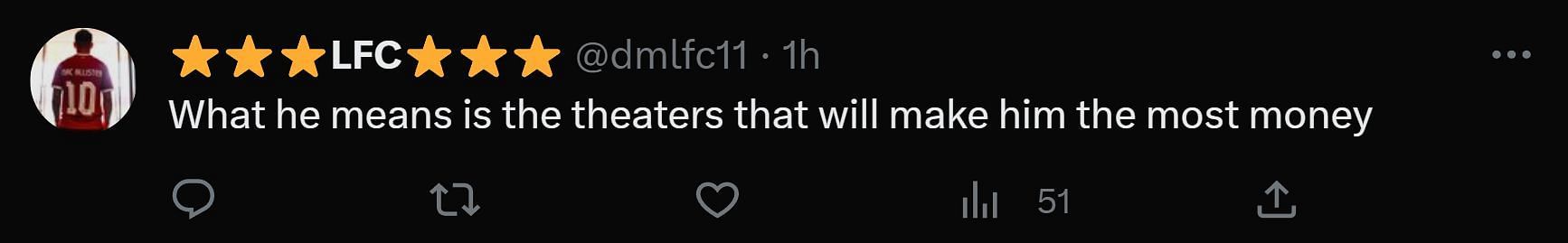 A tweet reply to DF&#039;s post about Mission Impossible 7&#039;s theatrical release (Image via Twitter)