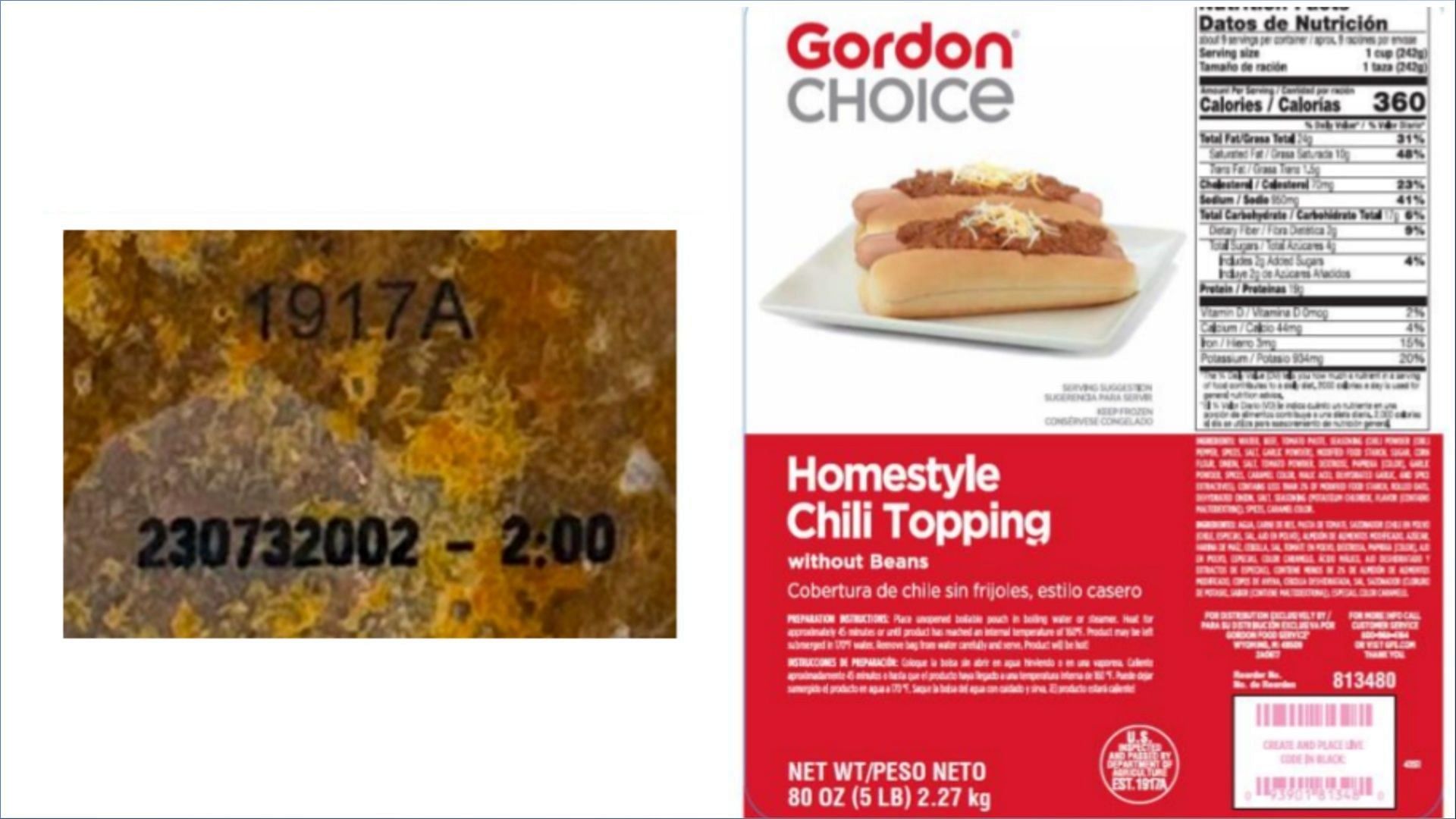 Bags of the recalled Gordon Choice Homestyle Chili Topping products may contain soy-based beef taco filling instead (Image via FSIS)