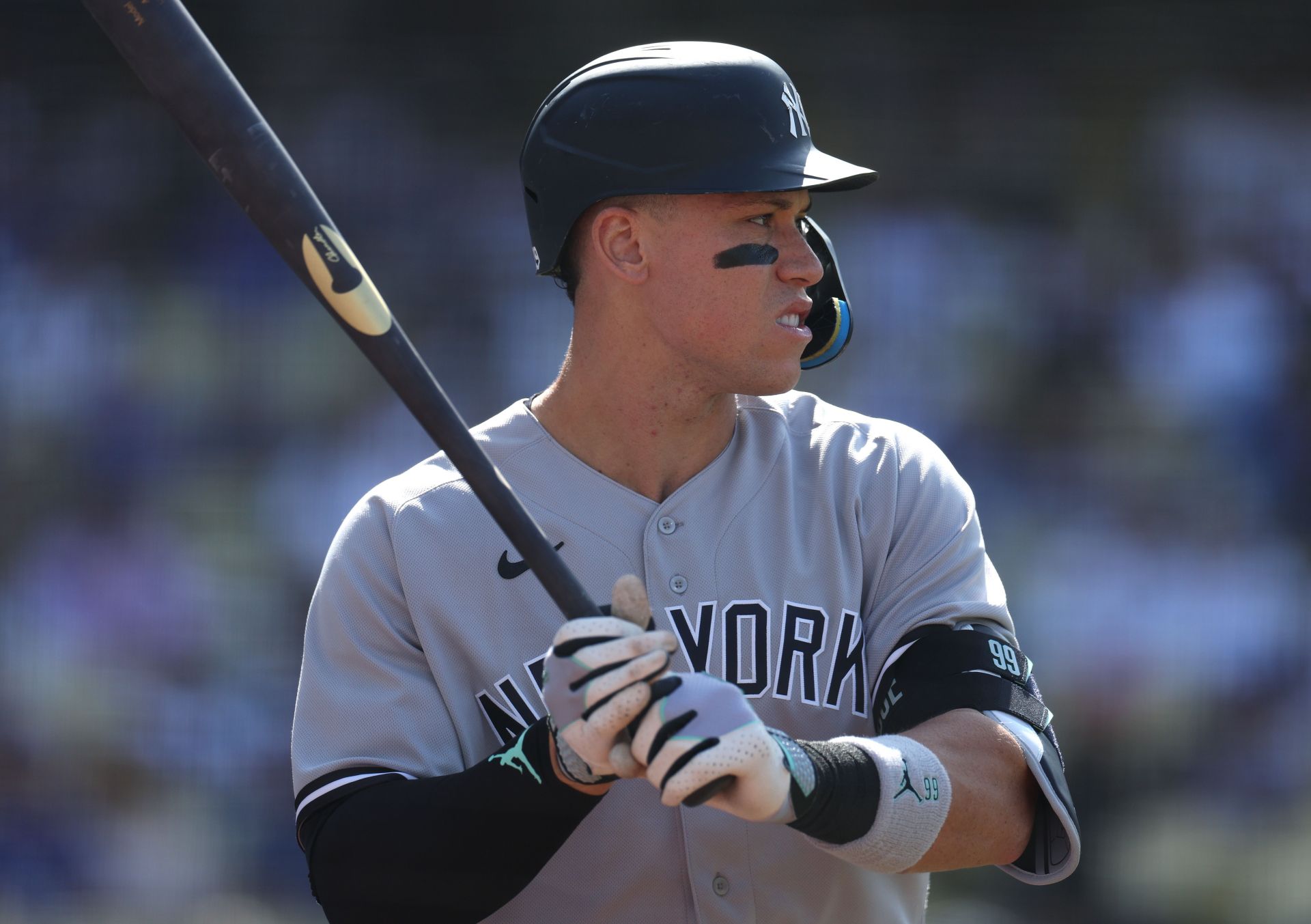 Aaron Judge #99 of the New York Yankees on deck against the Los Angeles Dodgers at Dodger Stadium