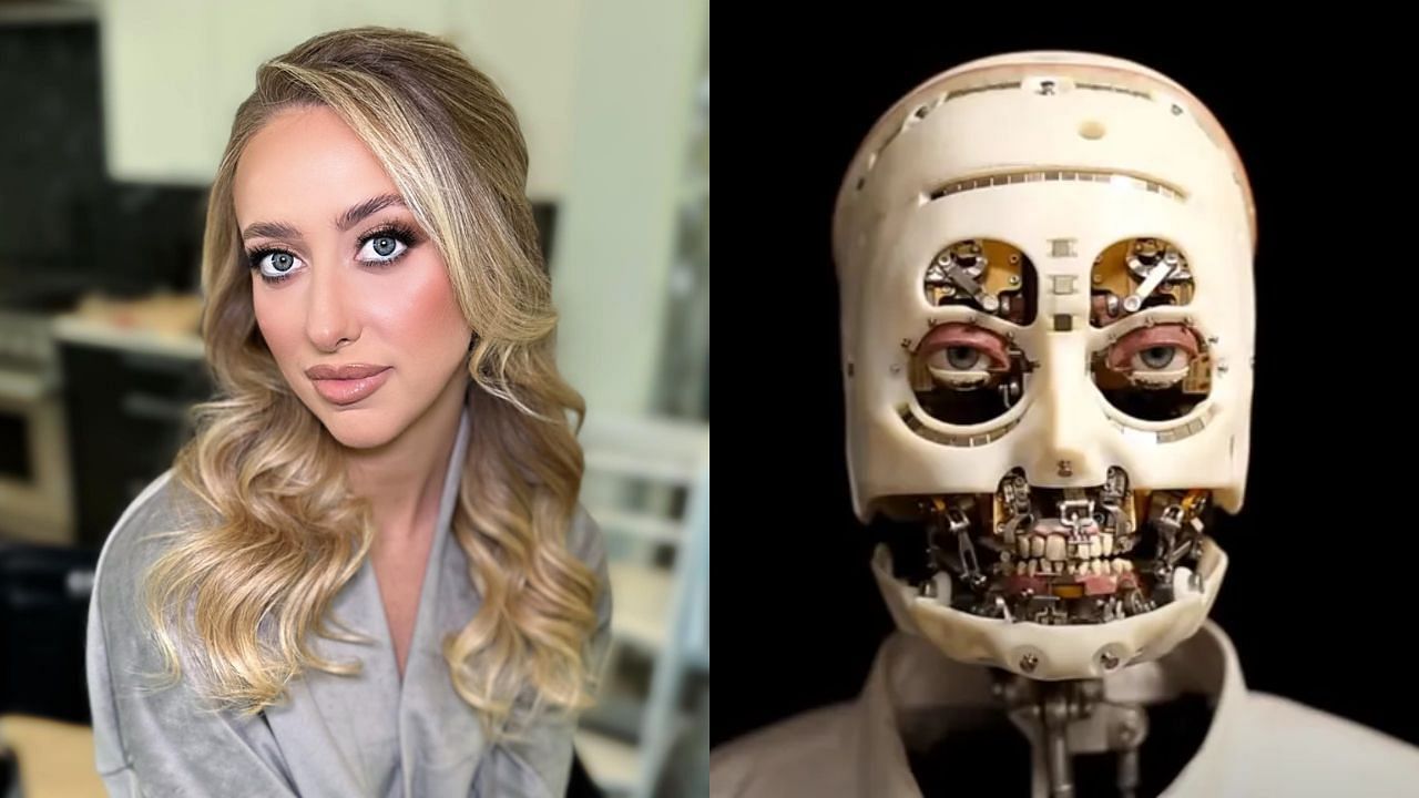 Brittany Mahomes has been compared to &quot;one of those creepy AI robots&quot; on Reddit for her new makeup - images via Instagram and Disney Research