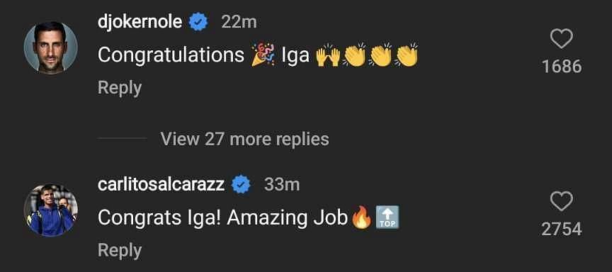 Novak Djokovic and Carlos Alcaraz congratulated Iga Swiatek on her win