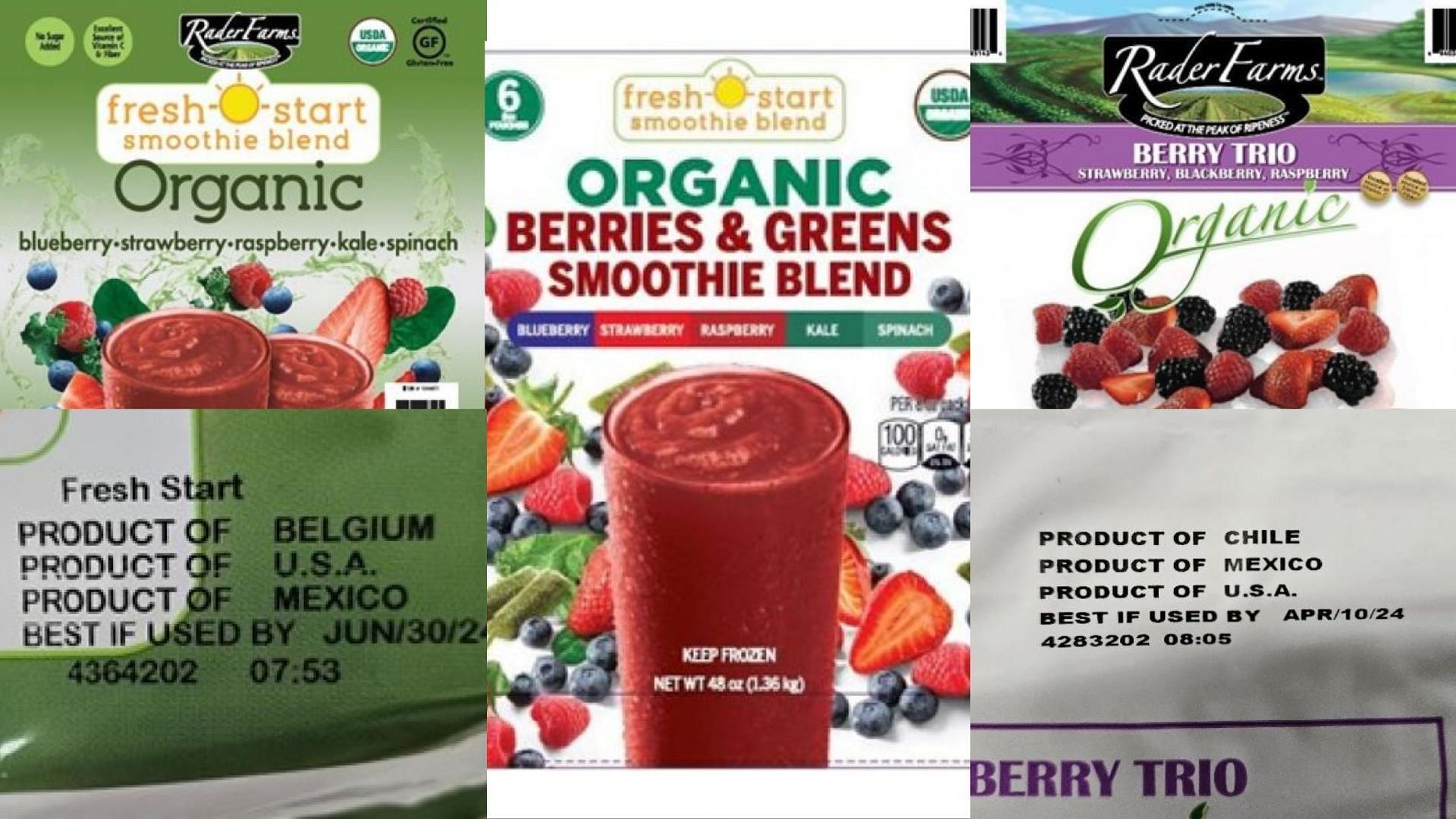 Some of the recalled Rader Farms frozen fruit products which are affected by the recall (Image via FDA)