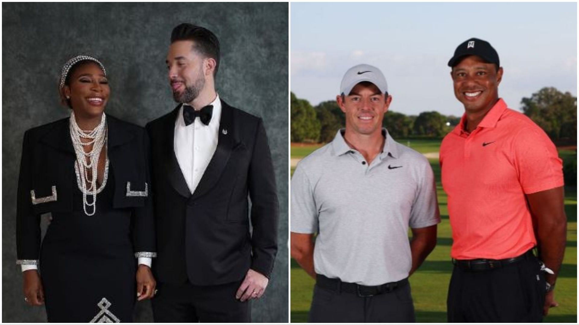 Serena Williams and Alexis Ohanian (via Instagram/@serenawilliams) and Rory McIlroy and Tiger Woods (via Getty Images)