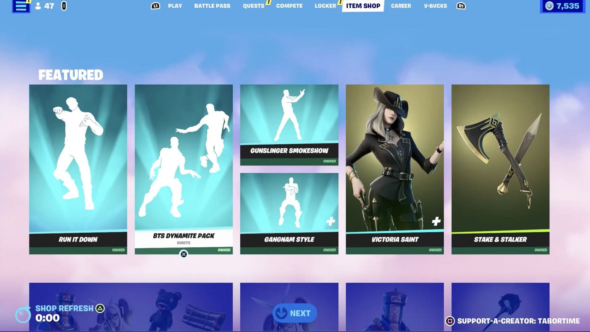 Go to the Item Shop to find any available cosmetics (Image via Tabor Hill on YouTube)