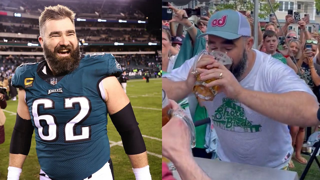 Jason Kelce was recently competitively drinking beer - image credits: left via Getty, right via Twitter