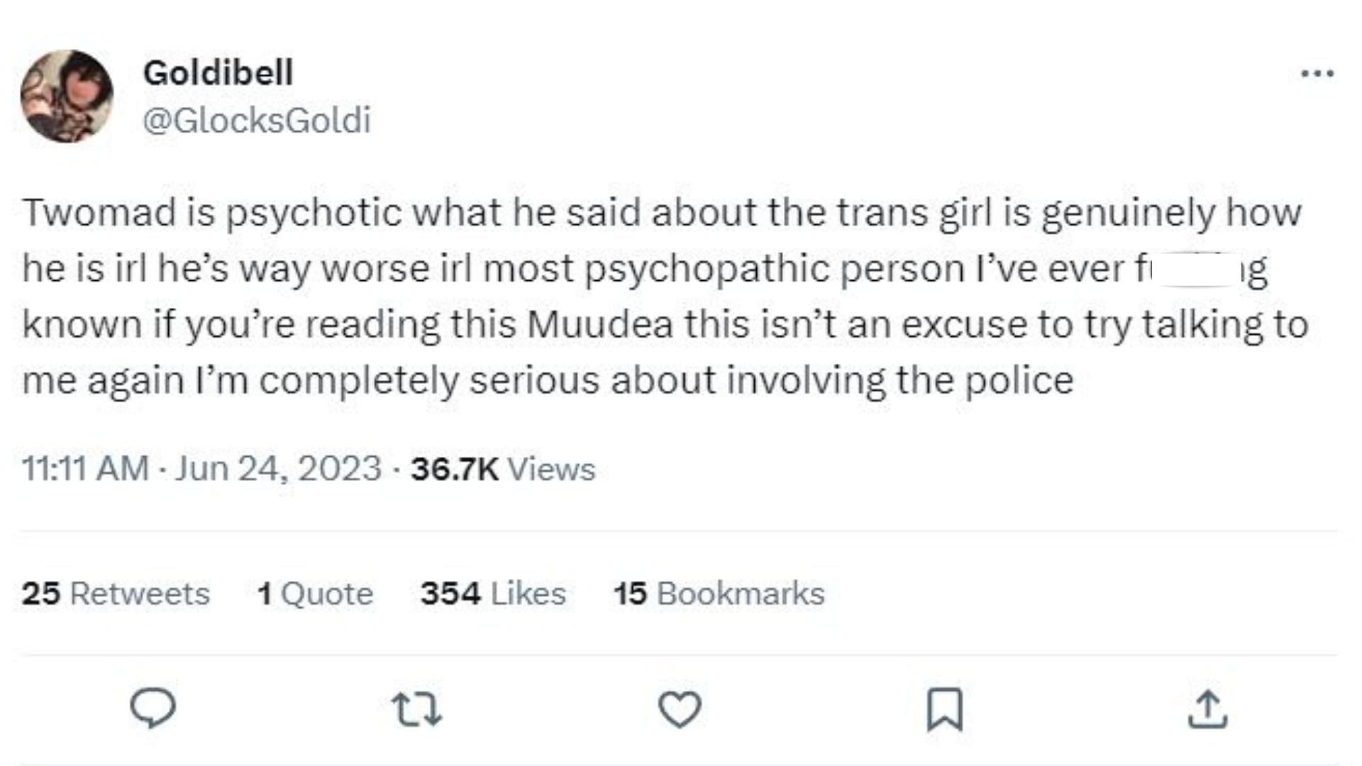 Twitter user @GlocksGoldi calling Twomad a &quot;psychopathic person&quot; (Image via Twitter)