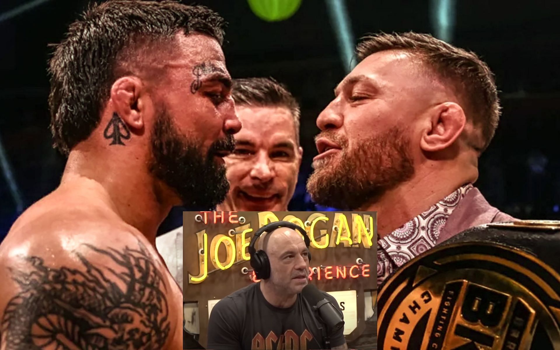 Mike Perry and Conor McGregor, and Joe Rogan (inset). [Images courtesy: BKFC, PowerfulJRE]