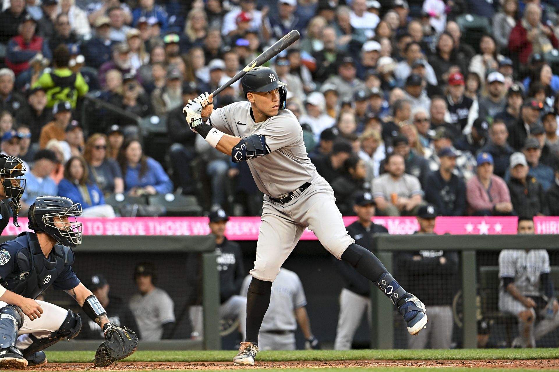 Aaron Judge of the New York Yankees bats during the second inning against the Seattle Mariners at T-Mobile Park