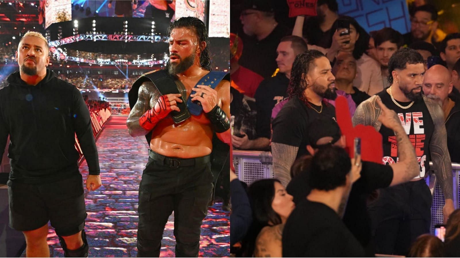 Roman Reigns and Solo Sikoa (left); The Usos (right)