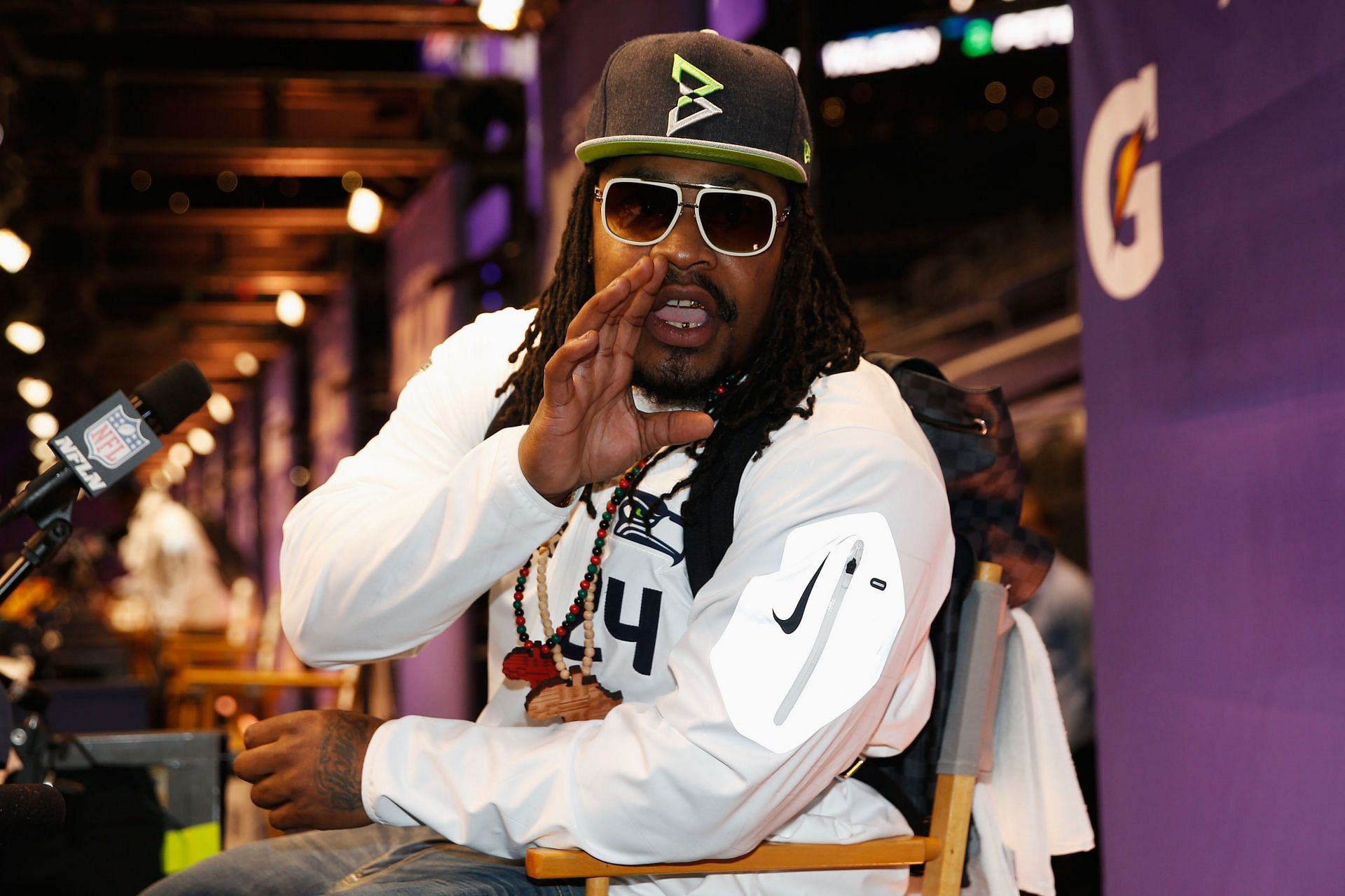 Marshawn Lynch during Super Bowl XLIX Media Day Fueled by Gatorade