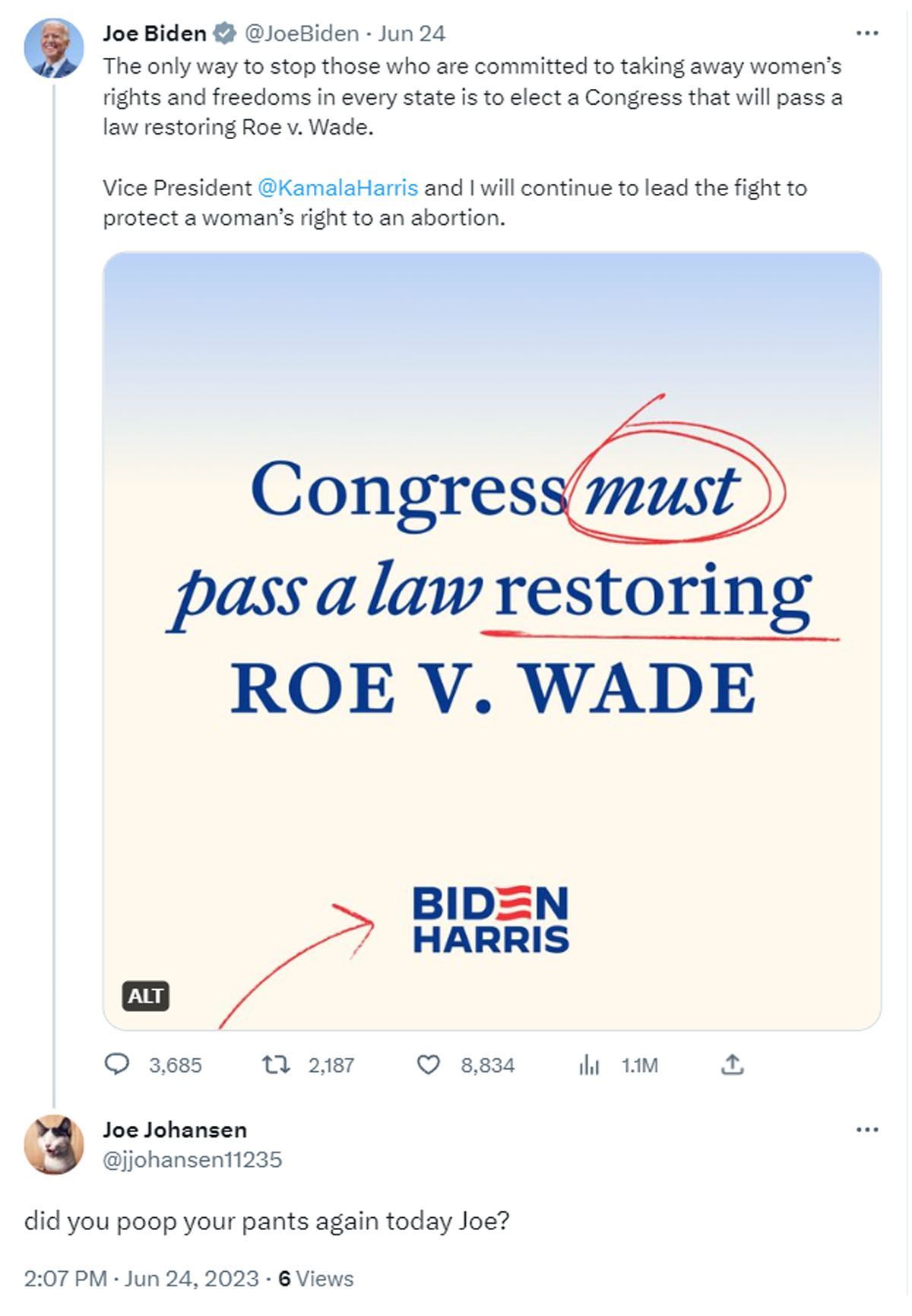 A comment reacting to Bidens post about Roe v Wade (Image via Twitter/ @JoeBiden, @jjohansen11235)