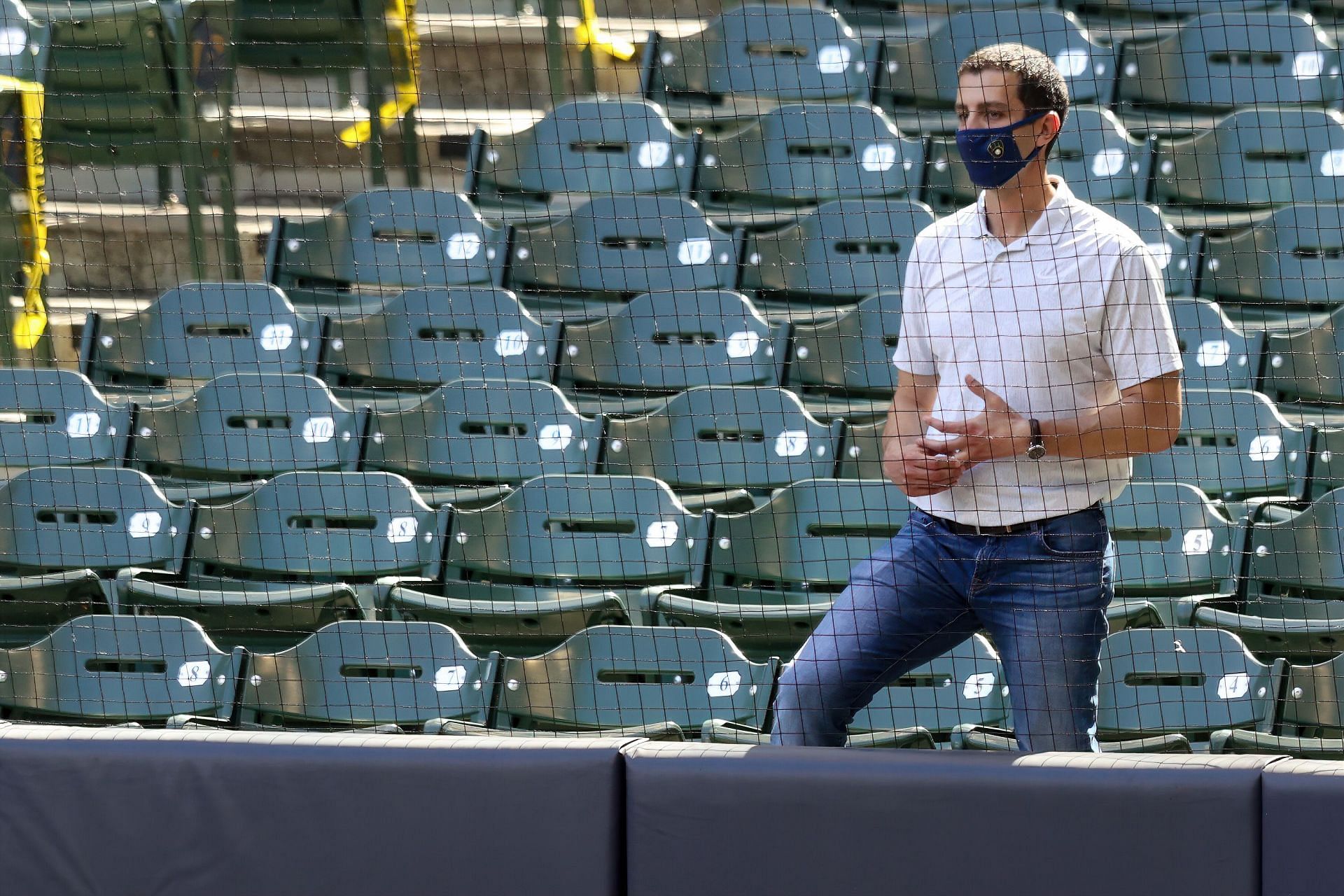 General manager David Stearns of the Milwaukee Brewers looks on during summer workouts at Miller Park on July 04, 2020