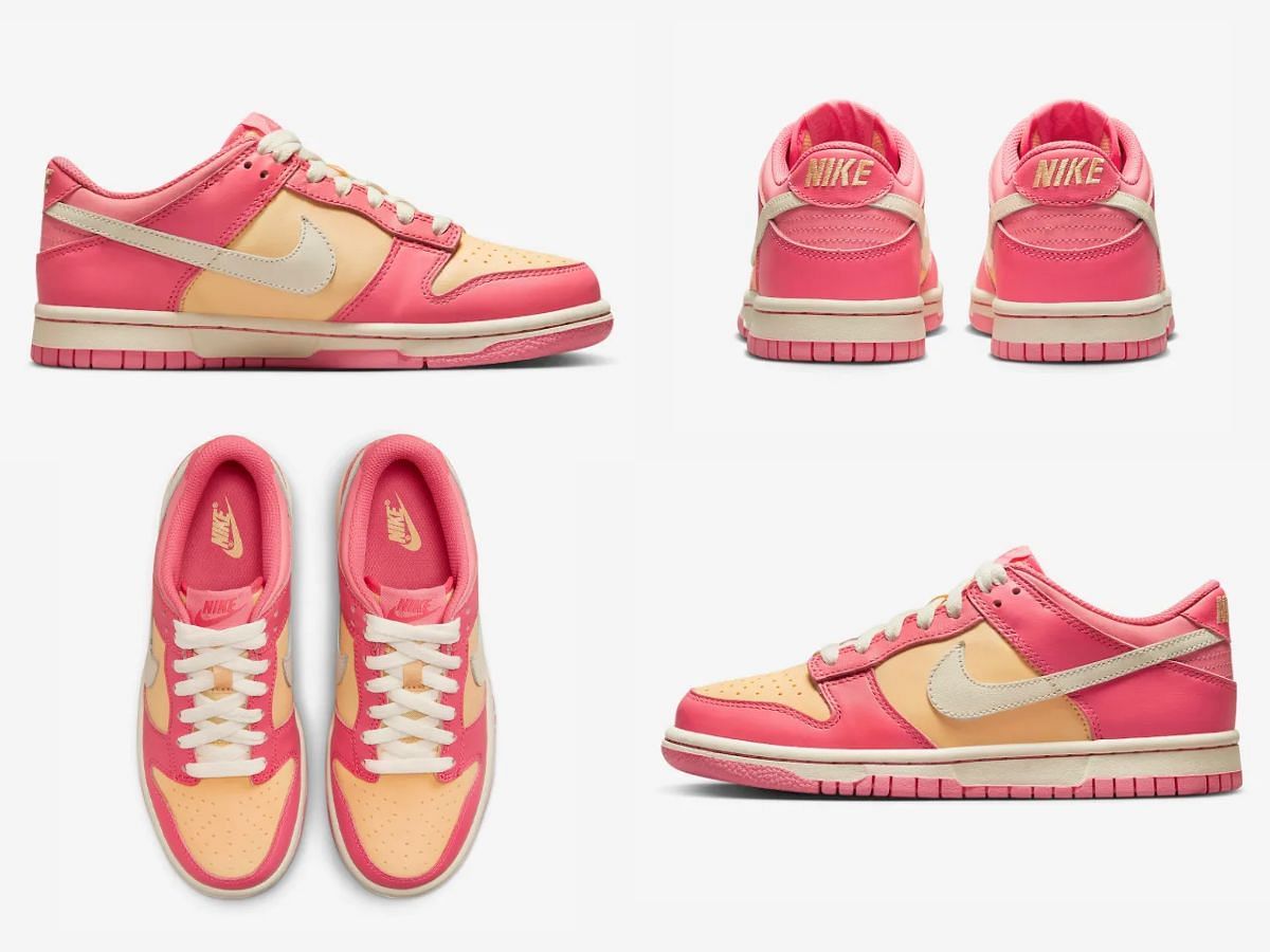 The upcoming Nike Dunk Low &quot;Strawberry &amp; Peach&quot; sneakers will be released exclusively in Grade School sizes (Image via Sportskeeda)