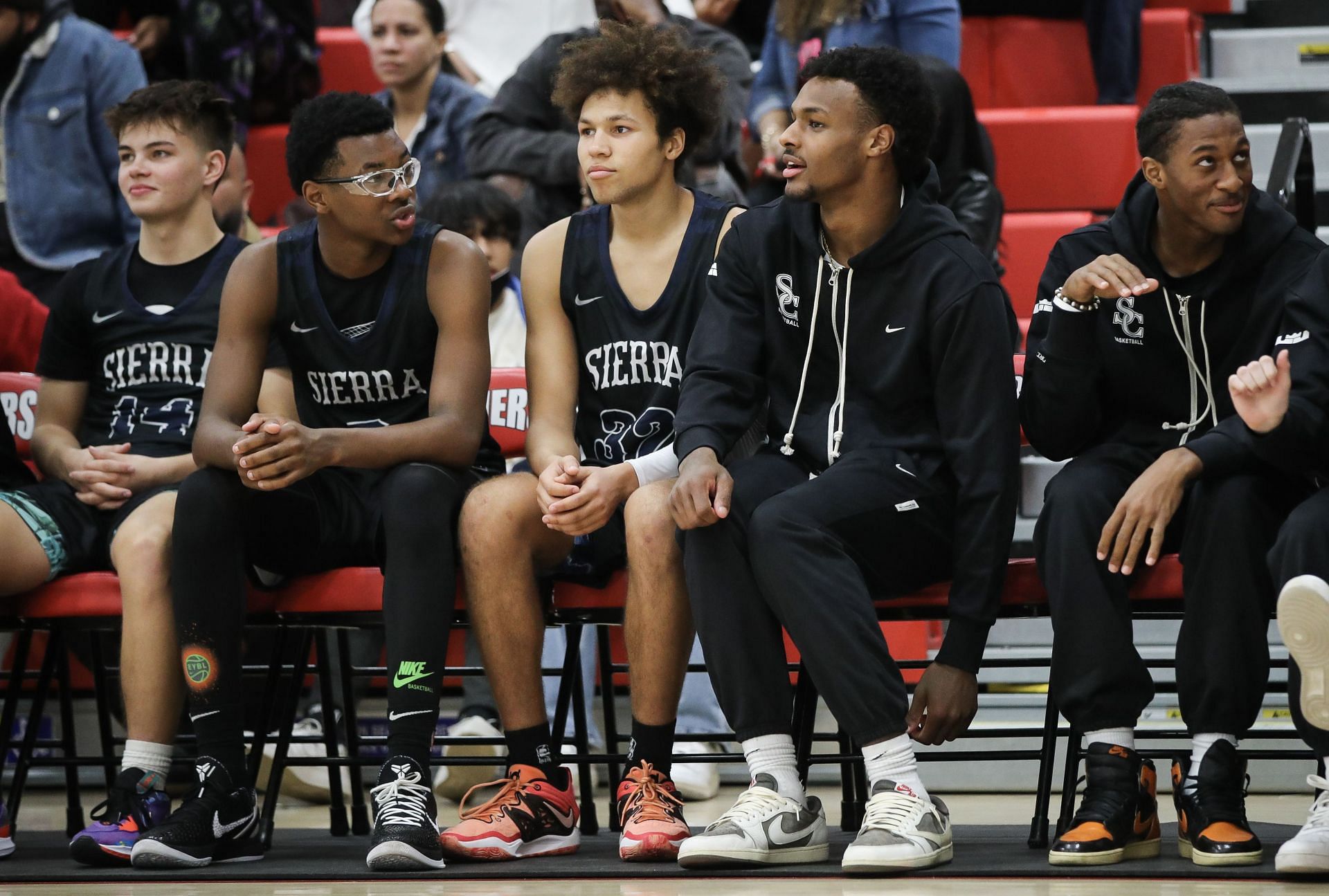 Bryce James, in glasses, and Bronny James, second from right, of the Sierra Canyon Trailblazers