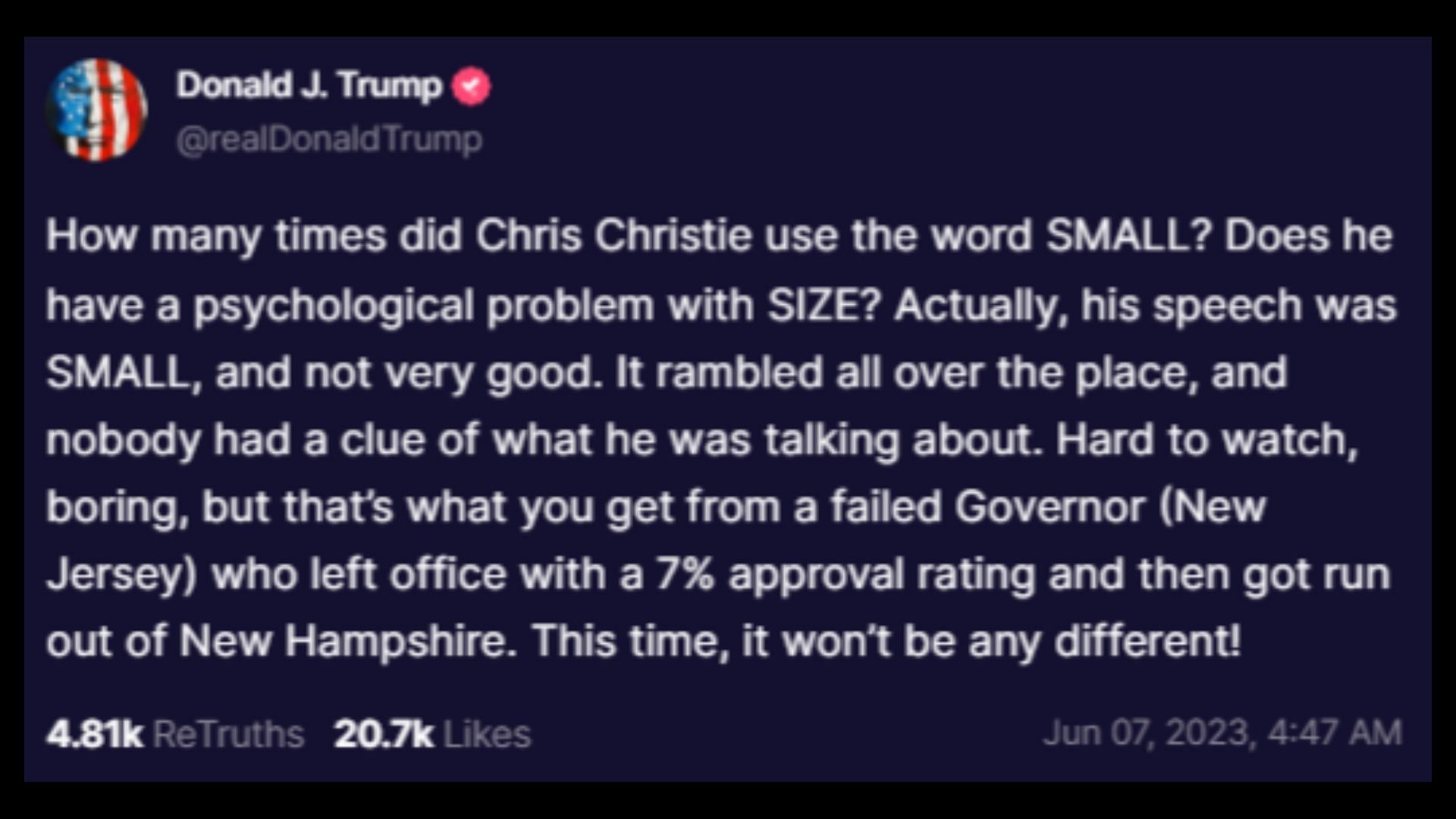 Screenshot of Donald Trump&#039;s post mocking Chris Christie&#039;s weight. (Photo via @realDonaldTrump/TruthSocial)
