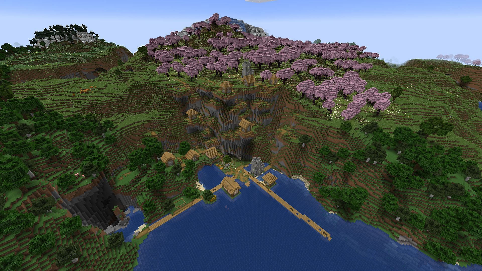The village in this seed is positive compared to what lies beneath it (Image via Mojang)
