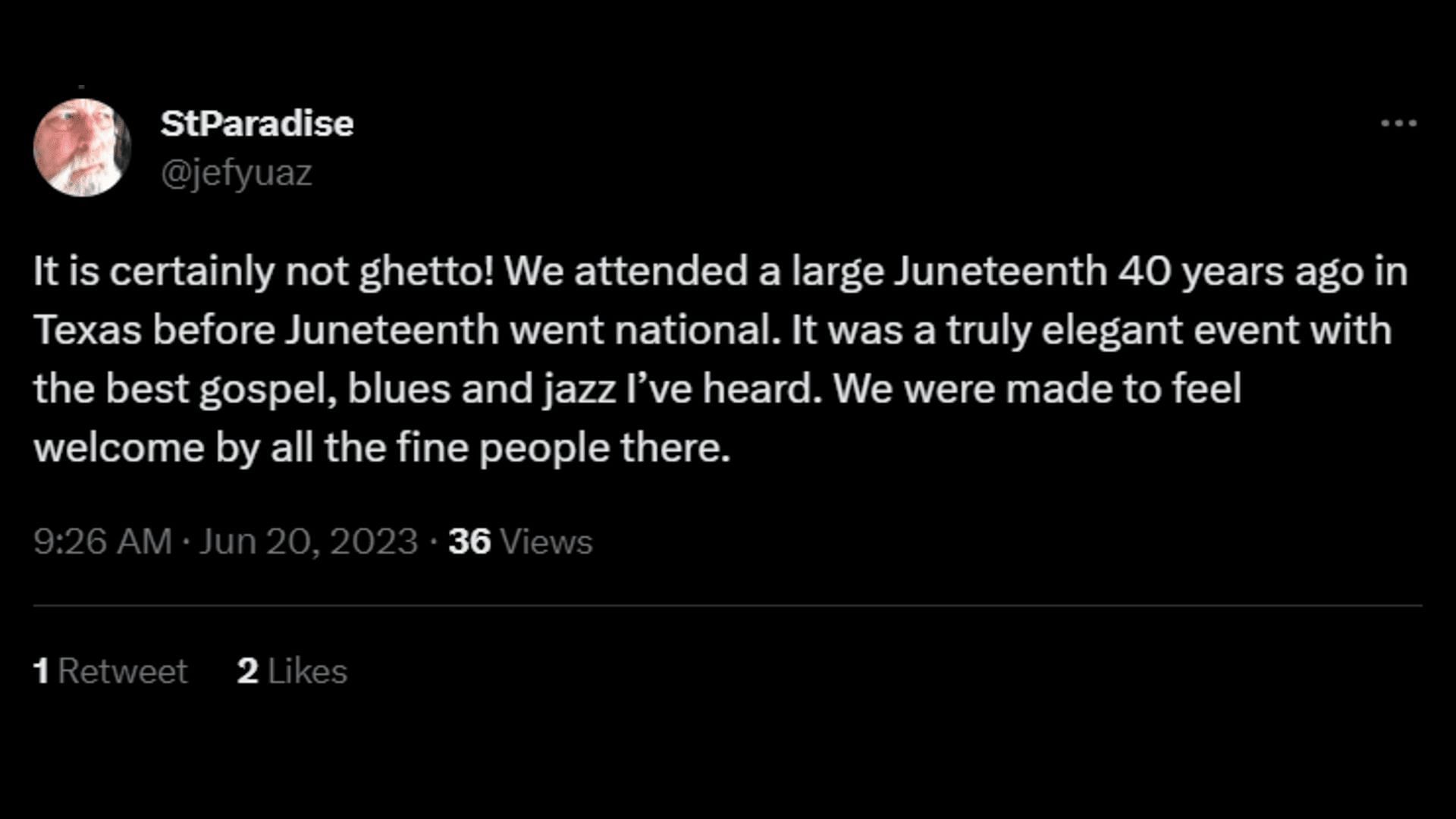 A white American shares his Juneteenth fond memories as a response to Candance Owens&#039; objectional tweet. (Image via Twitter/StParadise)