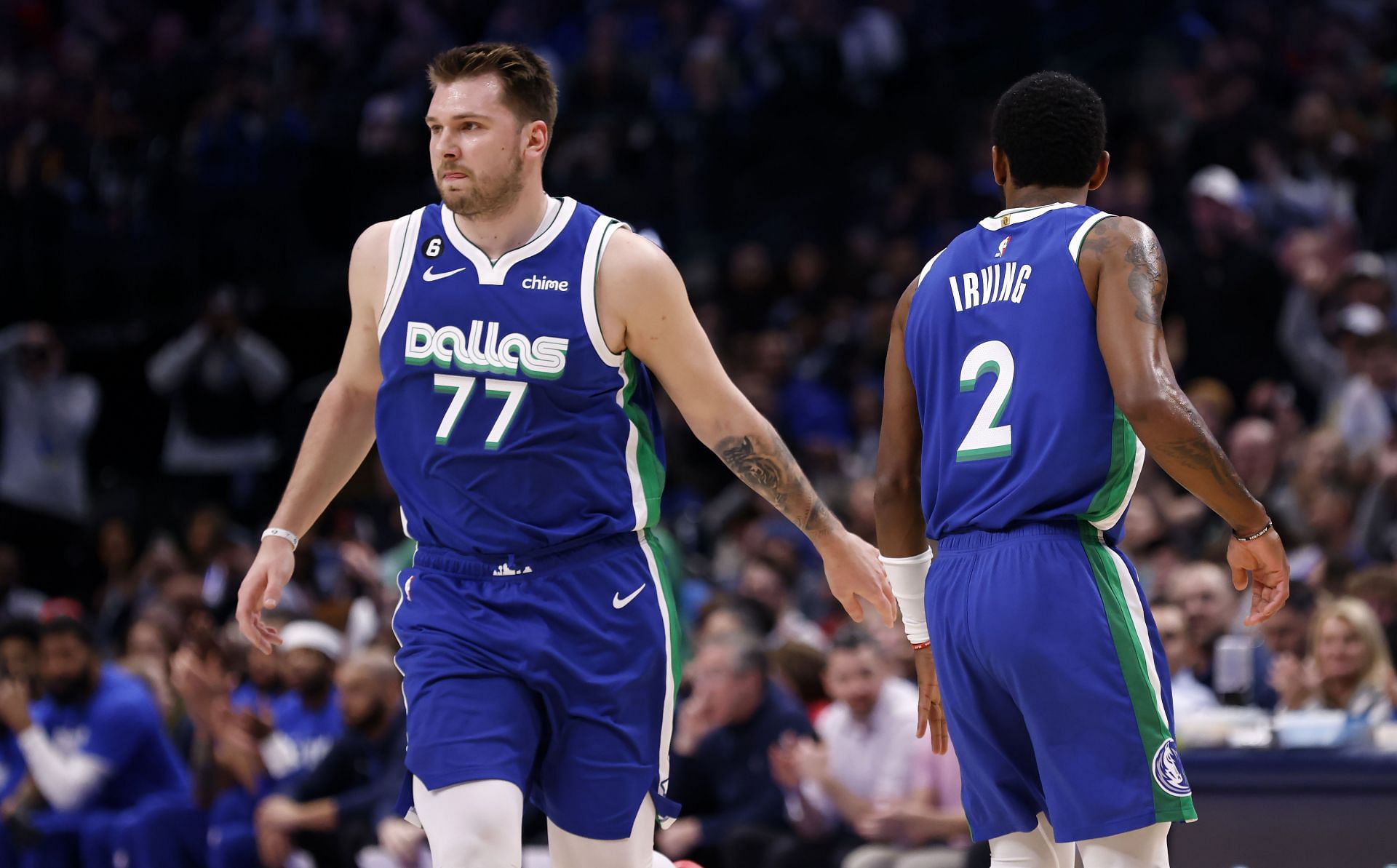 Luka Doncic (left) and Kyrie Irving of the Dallas Mavericks