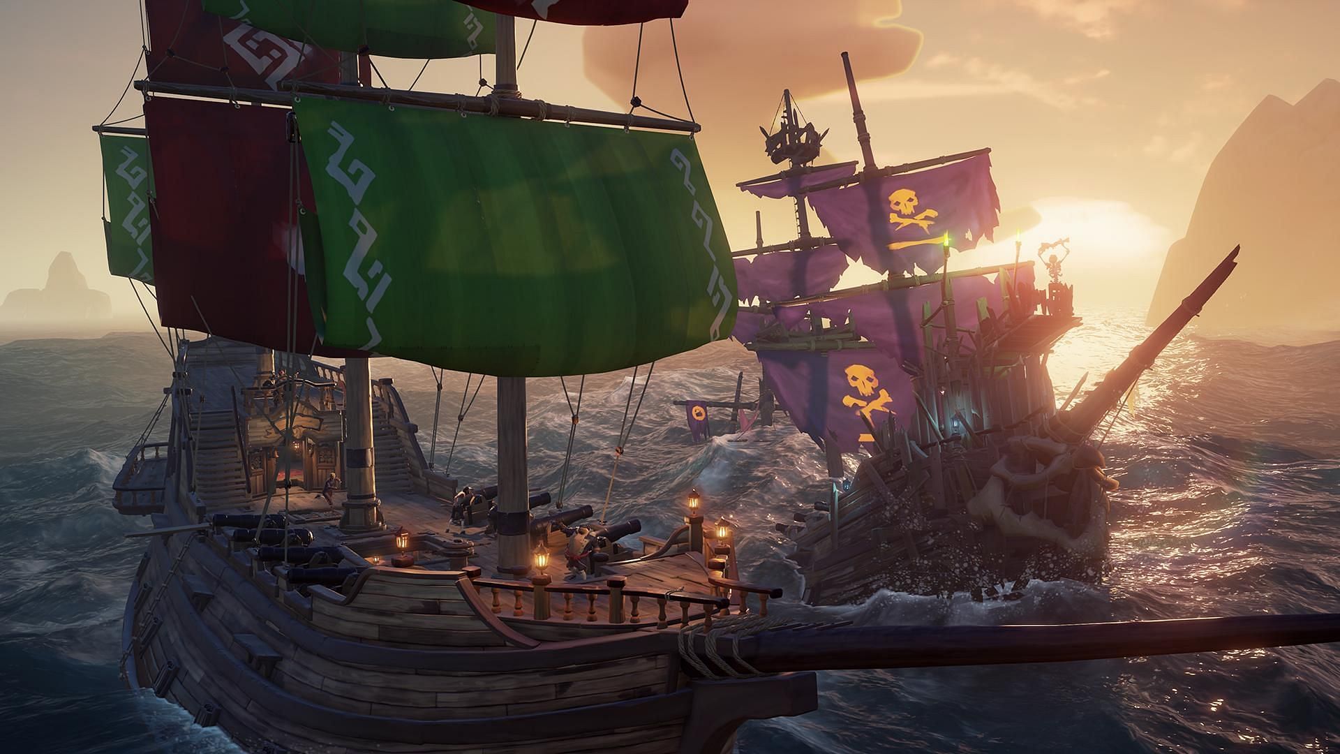 Defeating Skeleton Fleet involves tackling multiple waves of enemy ships in Sea of Thieves (Image via Rare)