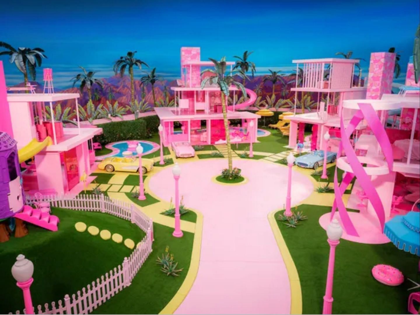 A view of the Barbie land with a painted backdrop of the San Jacinto Mountains. (Image via Warner Bros. Pictures)