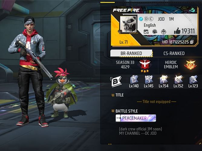 DC JOD's Free Fire ID, stats, rank, guild, and more