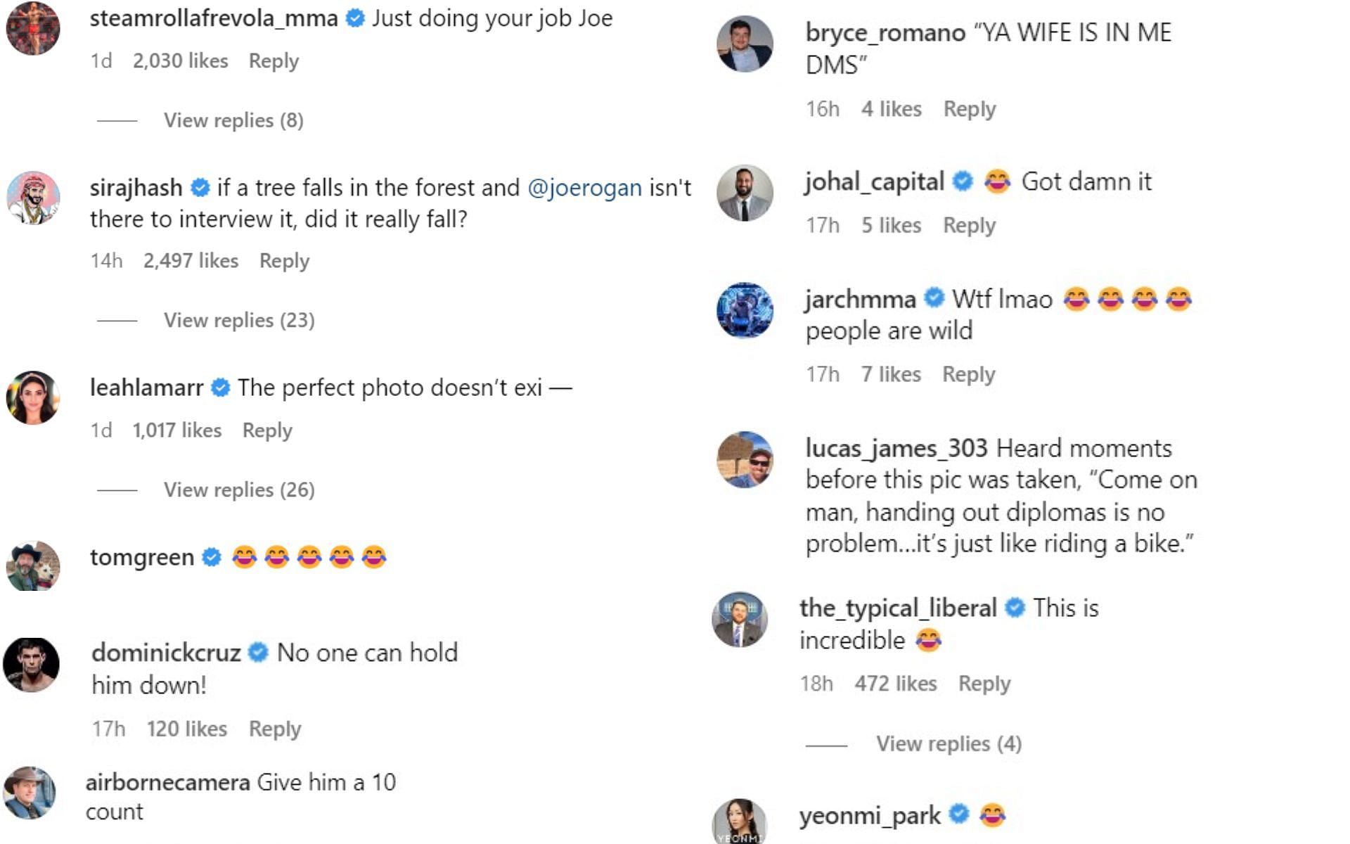Screenshot of fans&#039; and fighters&#039; reactions to Joe Rogan-Joe Biden meme
