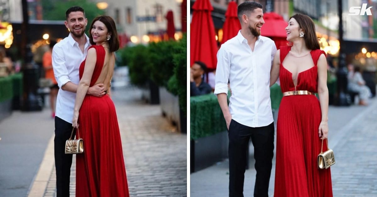 Arsenal star Jorginho's glam girlfriend Catherine joins no bra club in  elegant red dress on romantic New York night out