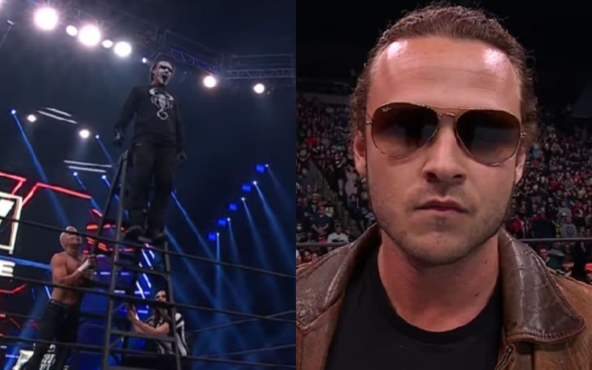 (Left) Sting and Darby Allin during the main event (Right) No more Mr. Nice Guy - Jungle Boy 