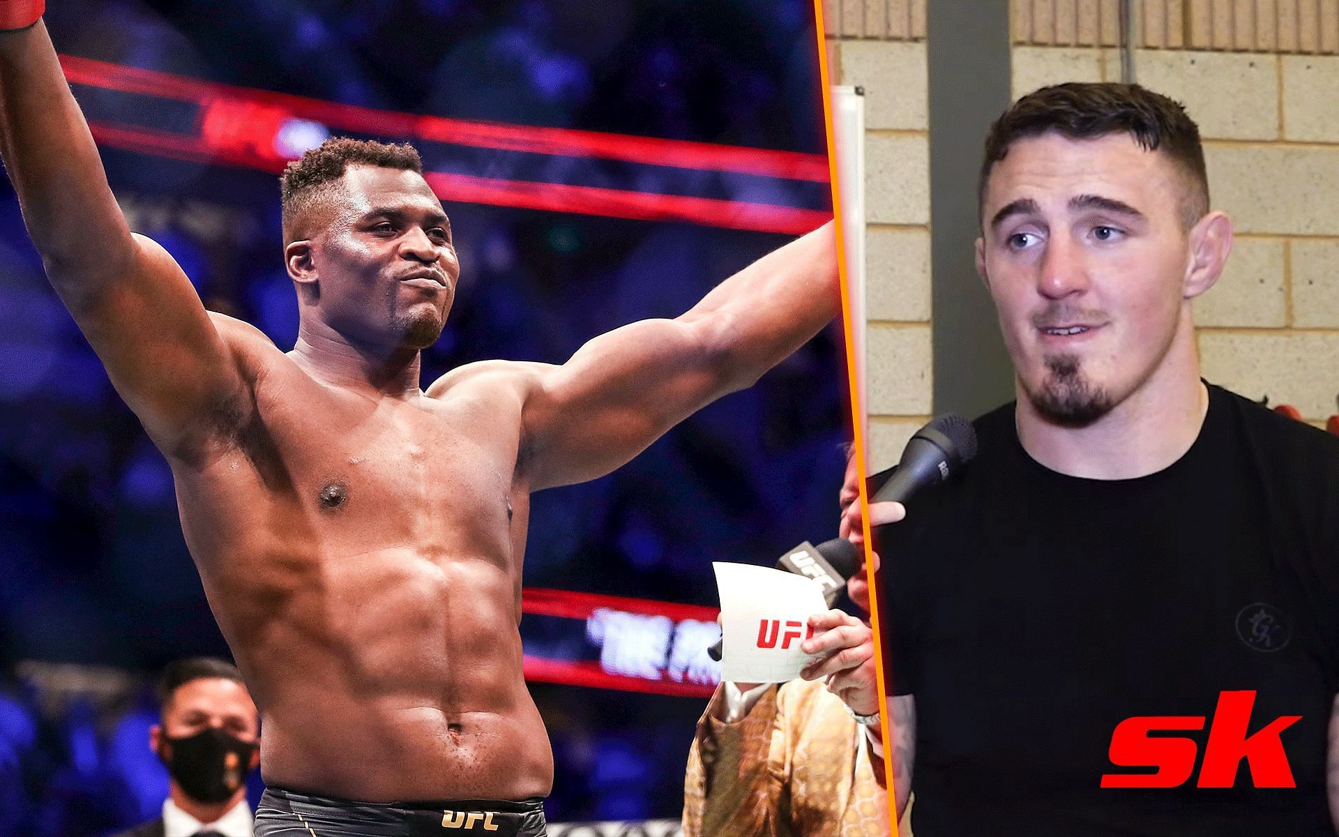 Francis Ngannou (left), Tom Aspinall (right) [Image courtesy of JNMEDIAUK on YouTube]