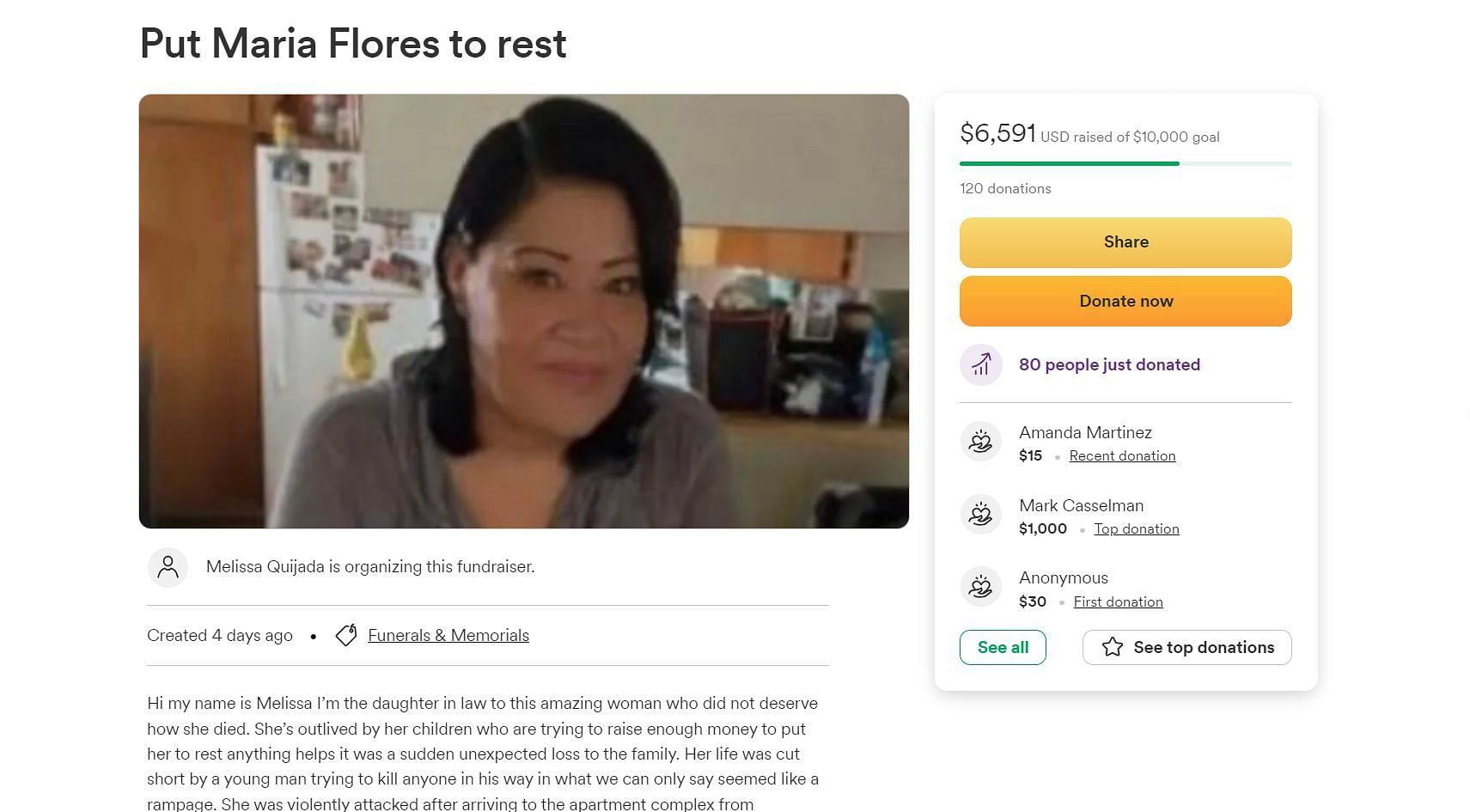 A screenshot of the GoFundMe page set up for Maria Flores&#039; family