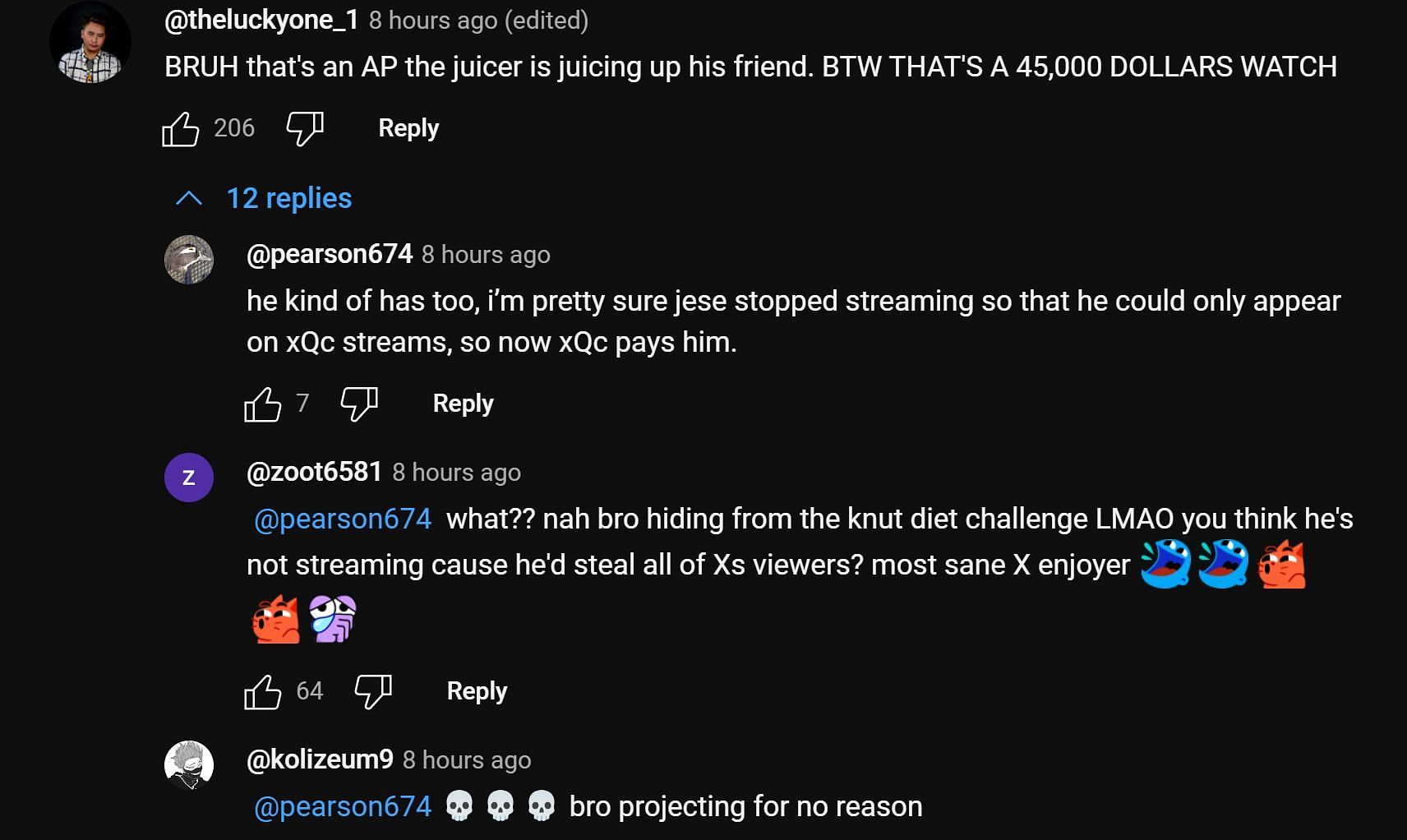 Fans sharing their thoughts on the streamer&#039;s gift for JesseSMFI 3/4 (Image via YouTube)