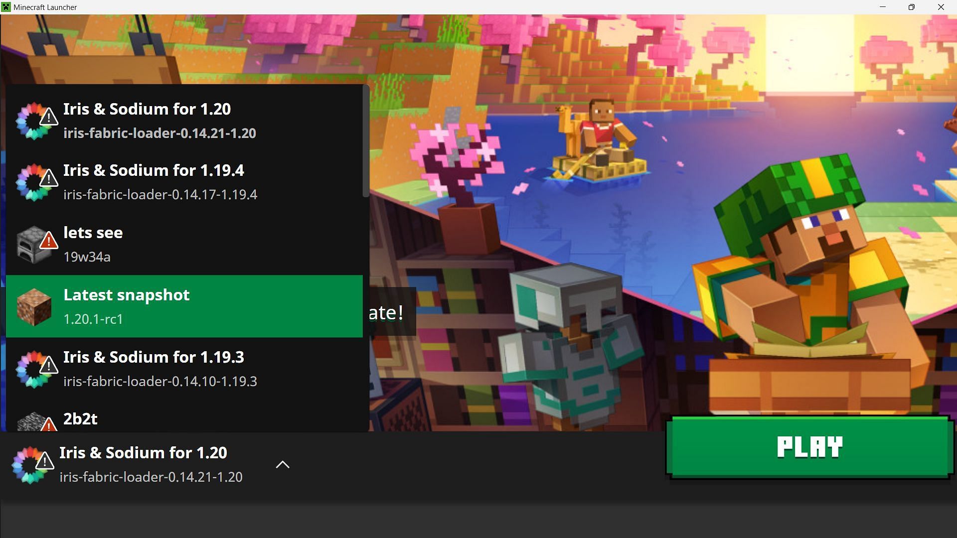 Players can easily download the Minecraft 1.20.1 release candidate 1 from the official game launcher (Image via Sportskeeda)
