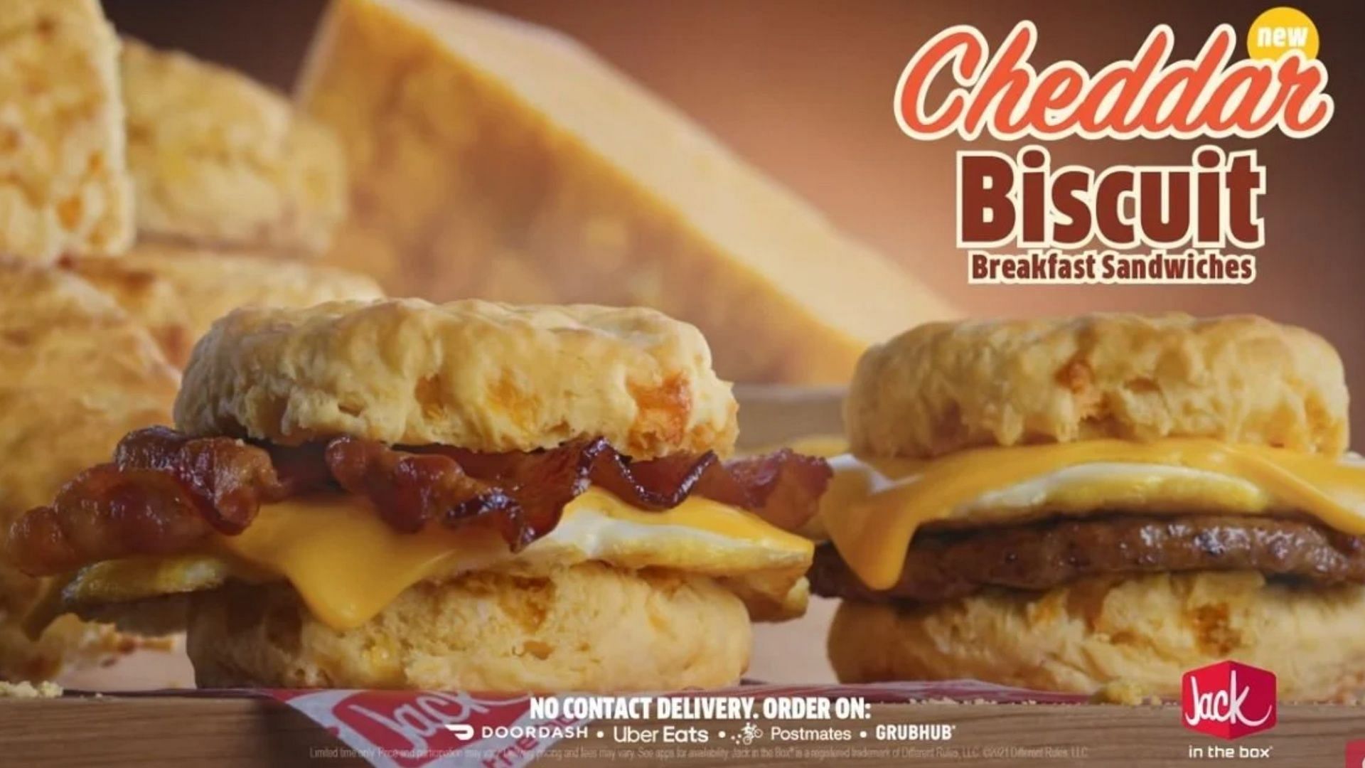 The Cheddar Biscuit Breakfast Sandwiches are available on the menu starting June 14 (Image via Jack in the Box)