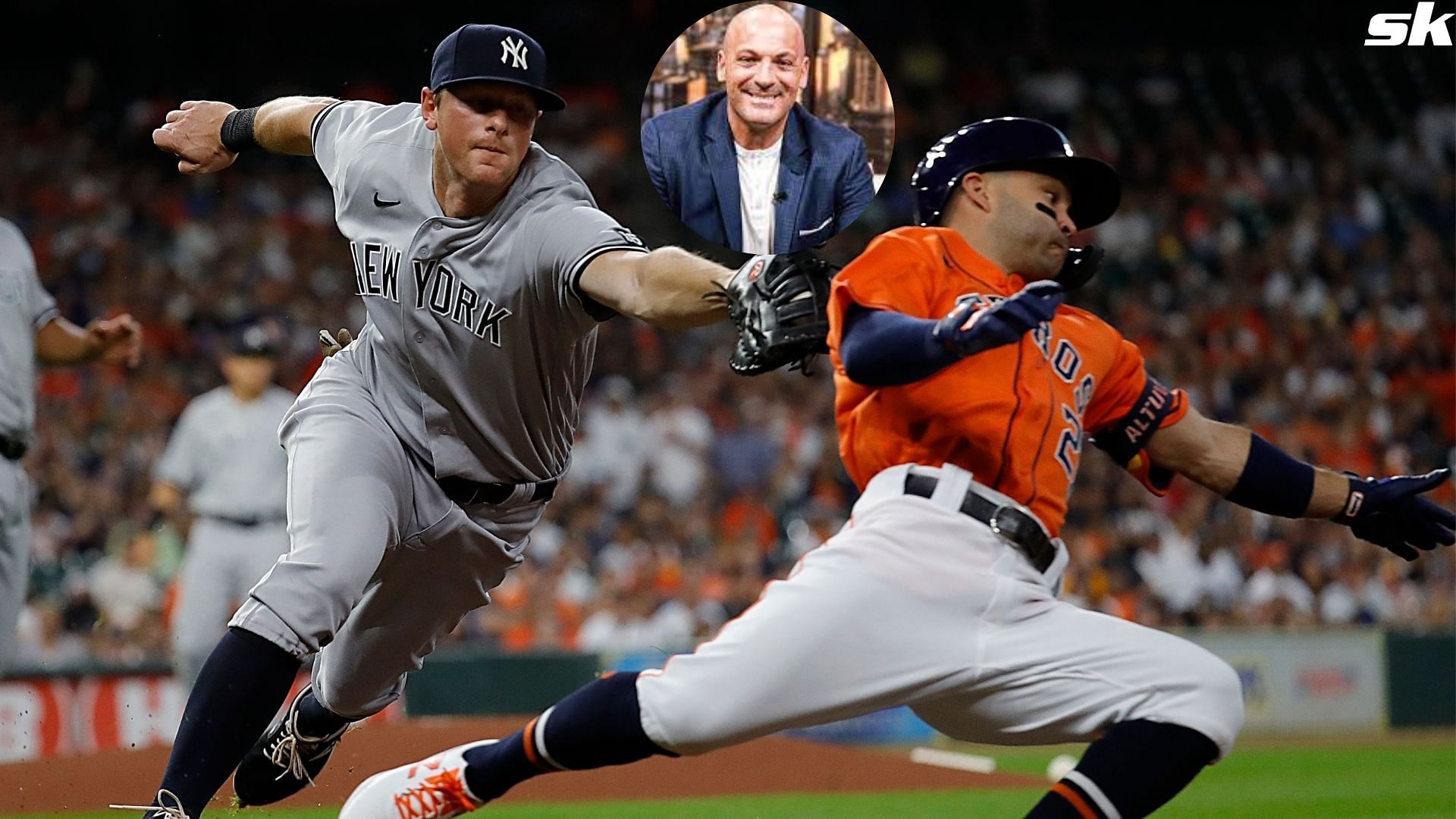 DJ LeMahieu of the New York Yankees reaches to tag Jose Altuve of the Houston Astros