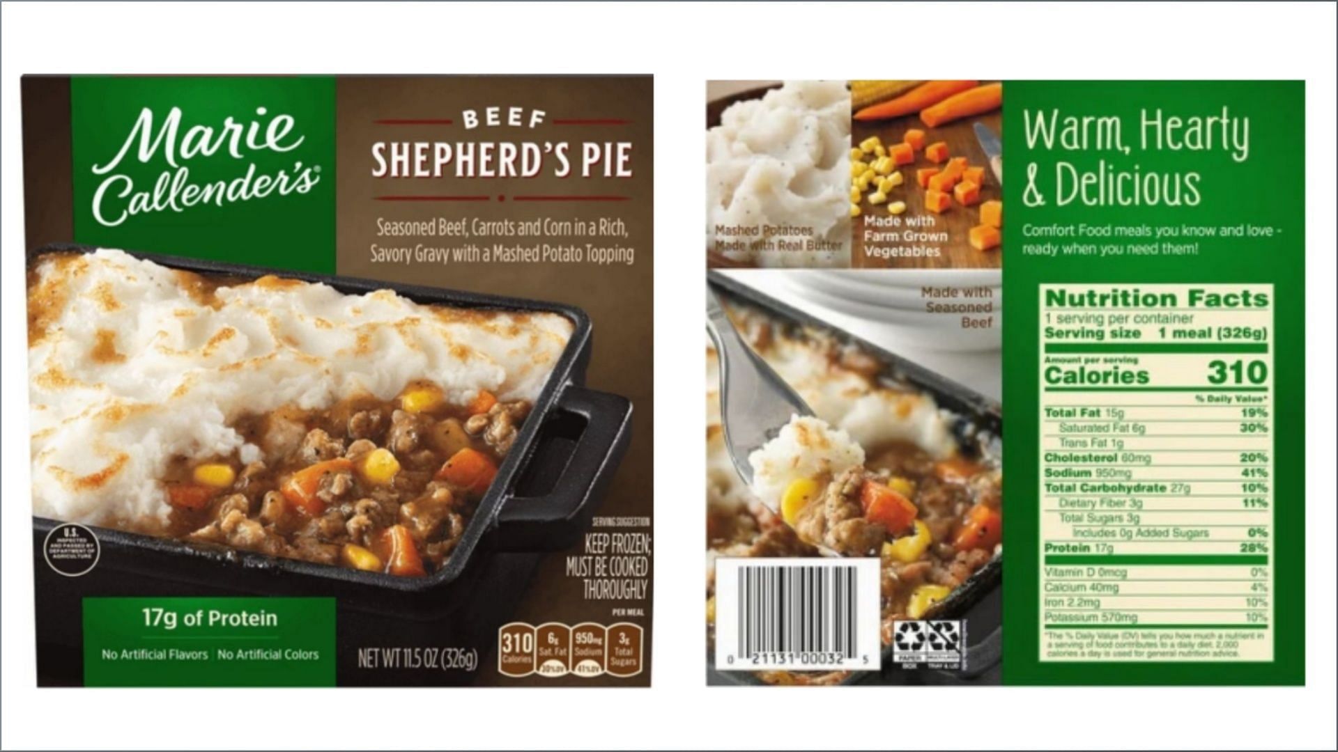 The recalled Marie Callender&#039;s Beef Shepherd&rsquo;s Pie Products may contain flexible plastic contaminants (Image via FSIS)