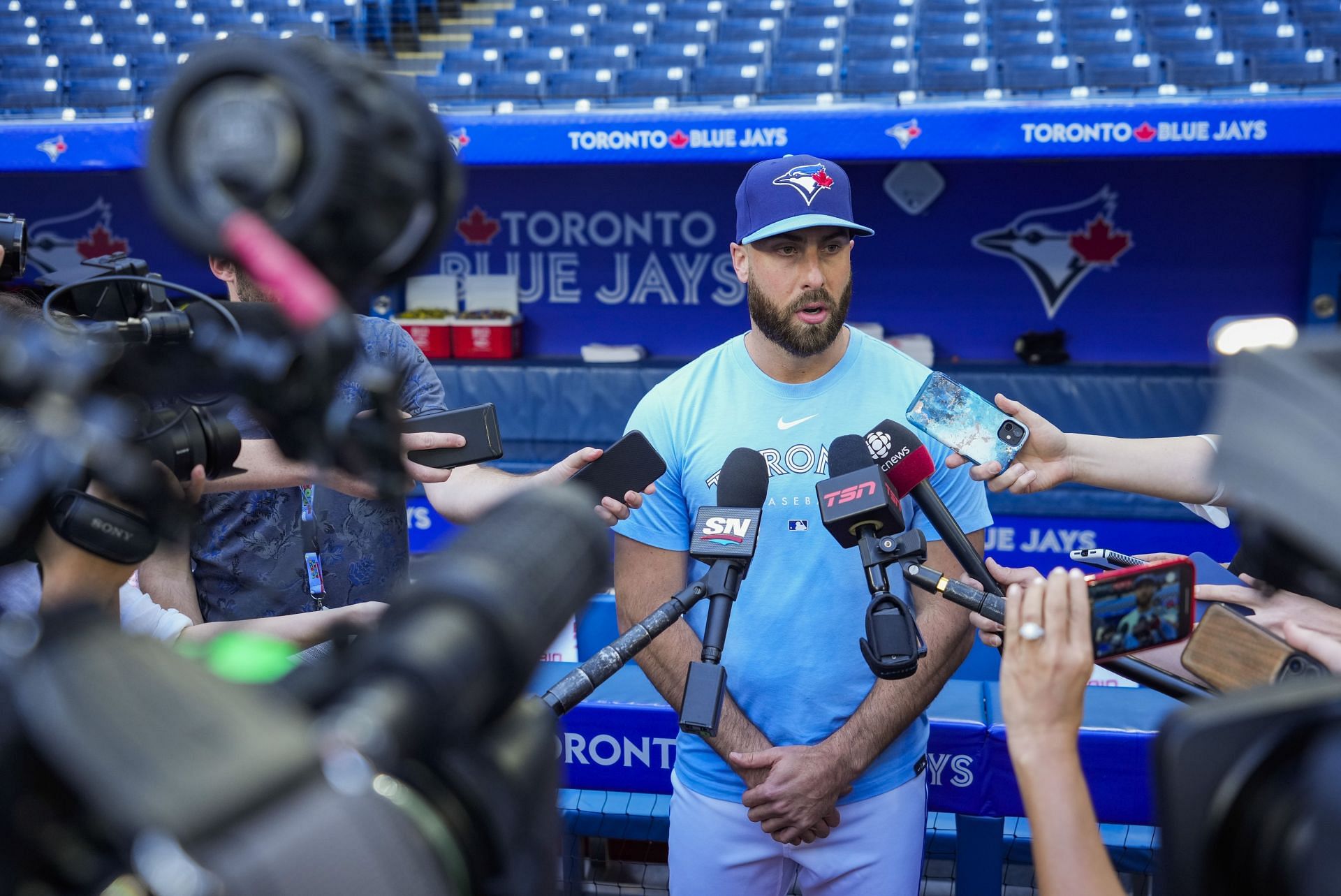 Anthony Bass of the Toronto Blue Jays makes a statement to the media before playing the Milwaukee Brewers at the Rogers Centre