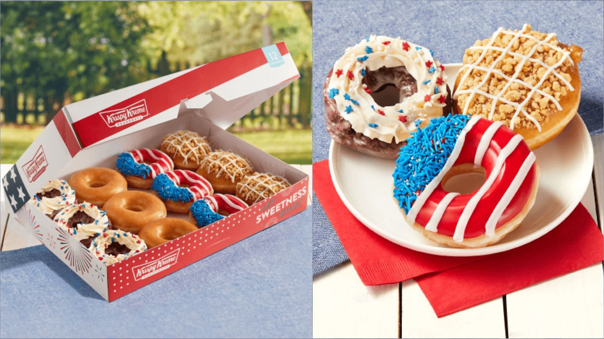 The Stars and Stripes Dozen honors the Fourth of July celebrations and can be found in stores till July 4 or until supplies last (Image via Krispy Kreme)