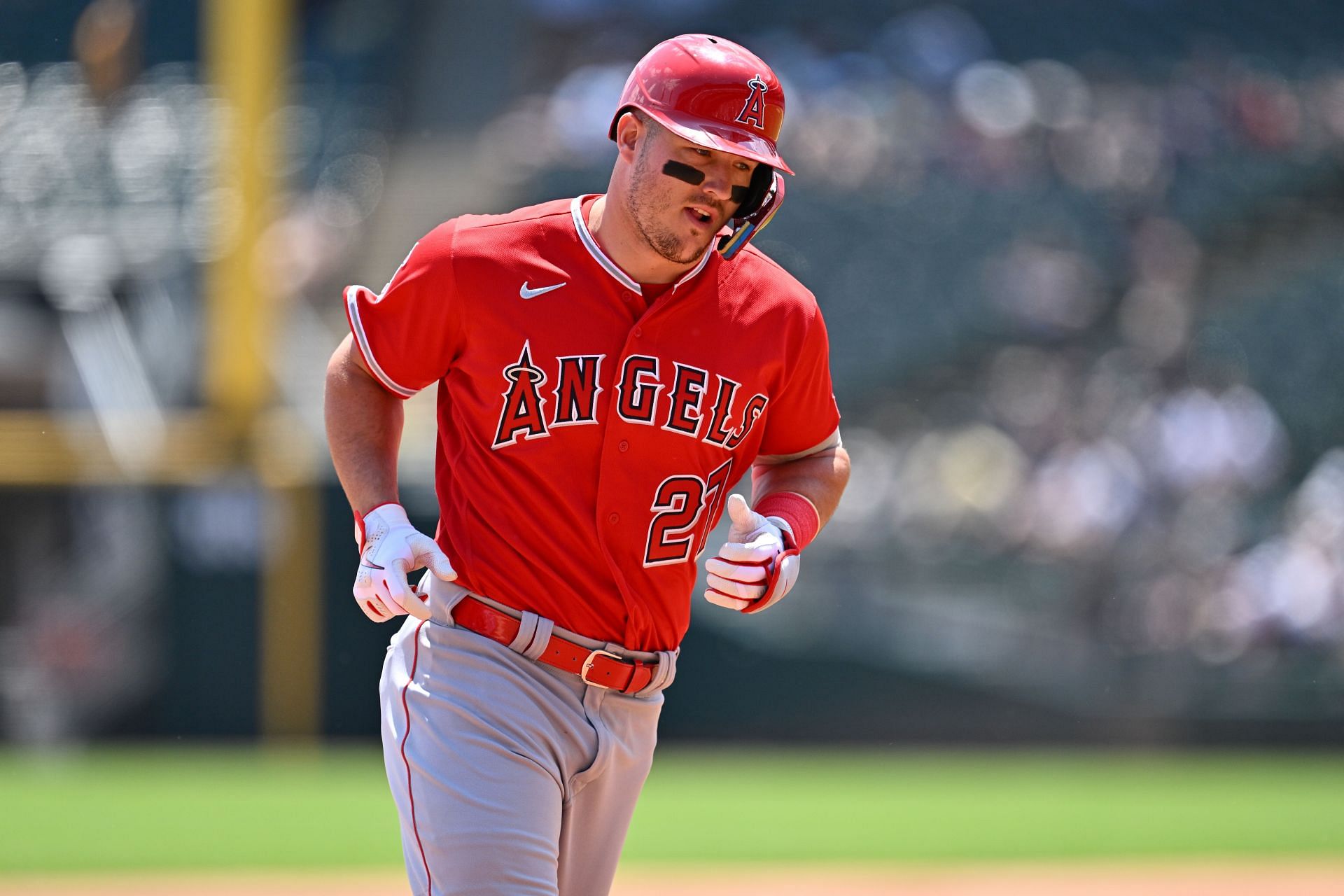 Mike Trout #27 of the Los Angeles Angels rounds the bases after hitting a two-run home run in the first inning against the Chicago White Sox at Guaranteed Rate Field on May 31, 2023 in Chicago, Illinois. (Photo by Jamie Sabau/Getty Images)