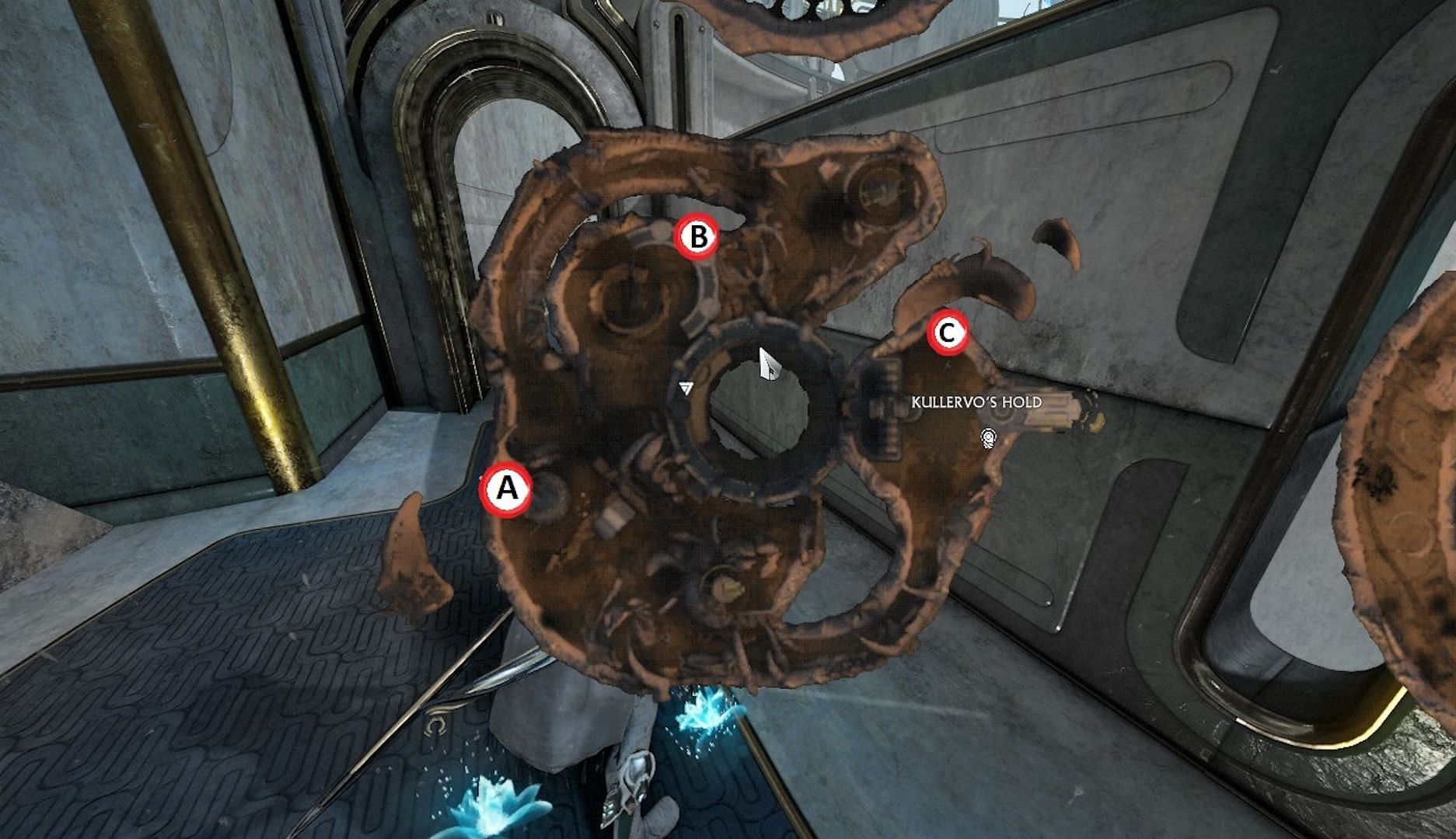 Reference map for opening the Kullervo&#039;s Hold secret room in Warframe; A, B, and C indicate Thrax pillars (Image via Digital Extremes)