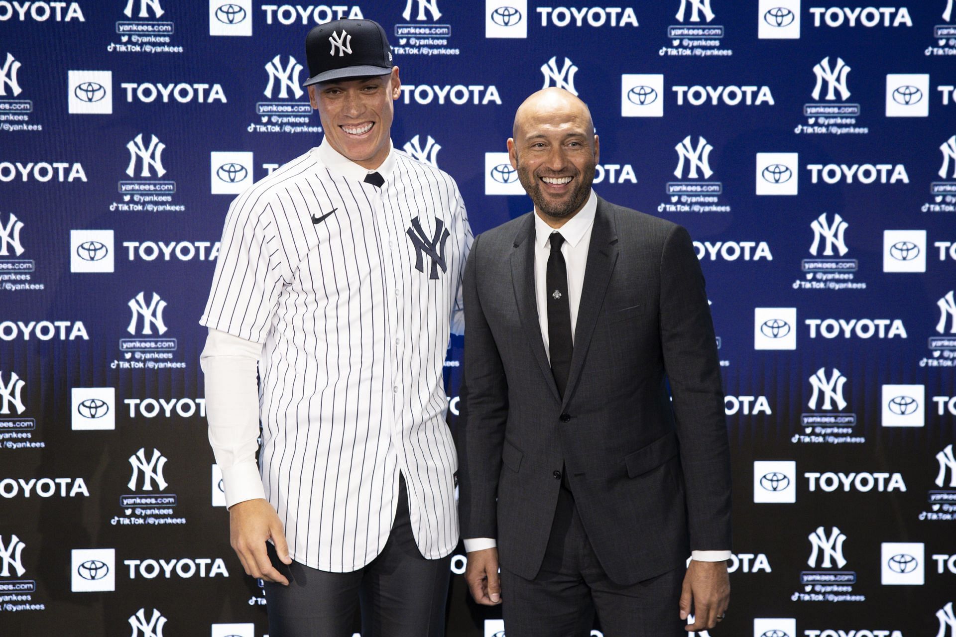 Aaron Judge of the New York Yankees poses for a photo with Derek Jeter after a press conference at Yankee Stadium