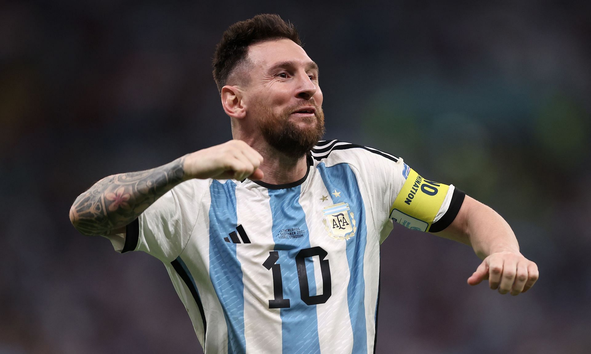An exuberant Lionel Messi celebrates his goal against the Netherlands at the 2022 FIFA World Cup.