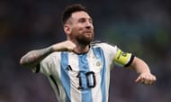 An exuberant Lionel Messi celebrates his goal against the Netherlands at the 2022 FIFA World Cup.