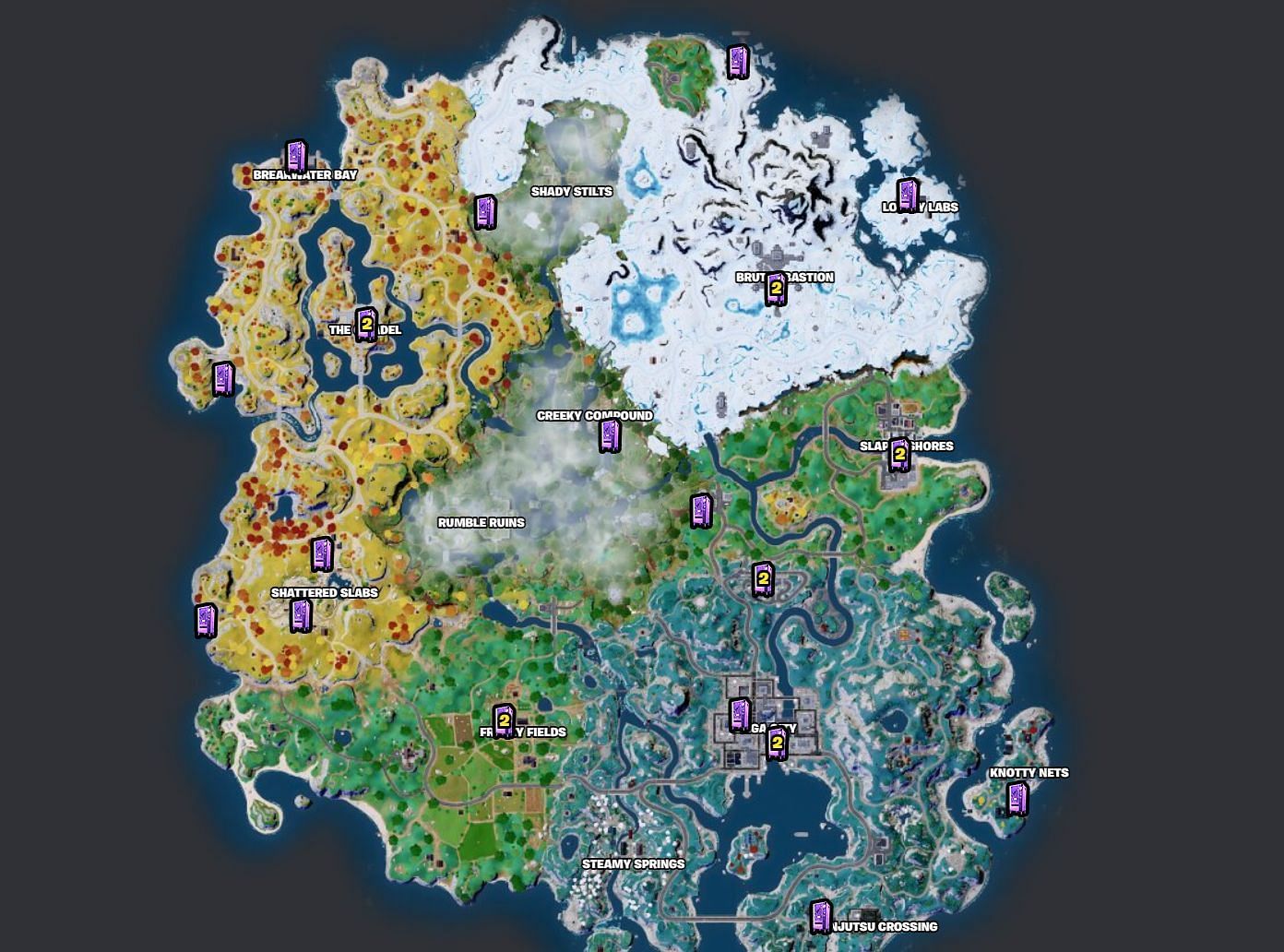 All Weapon-O-Matic locations in Fortnite Chapter 4 Season 3 (Image via Fortnite.GG)