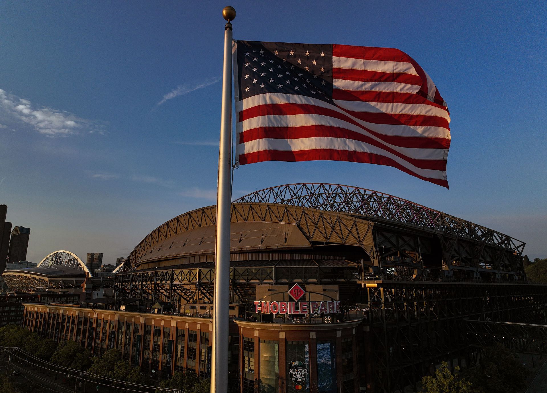 A general aerial view of the stadium seen from a drone outside T-Mobile Park at sunset before the MLB All-Star Week on June 21 in Seattle, Washington