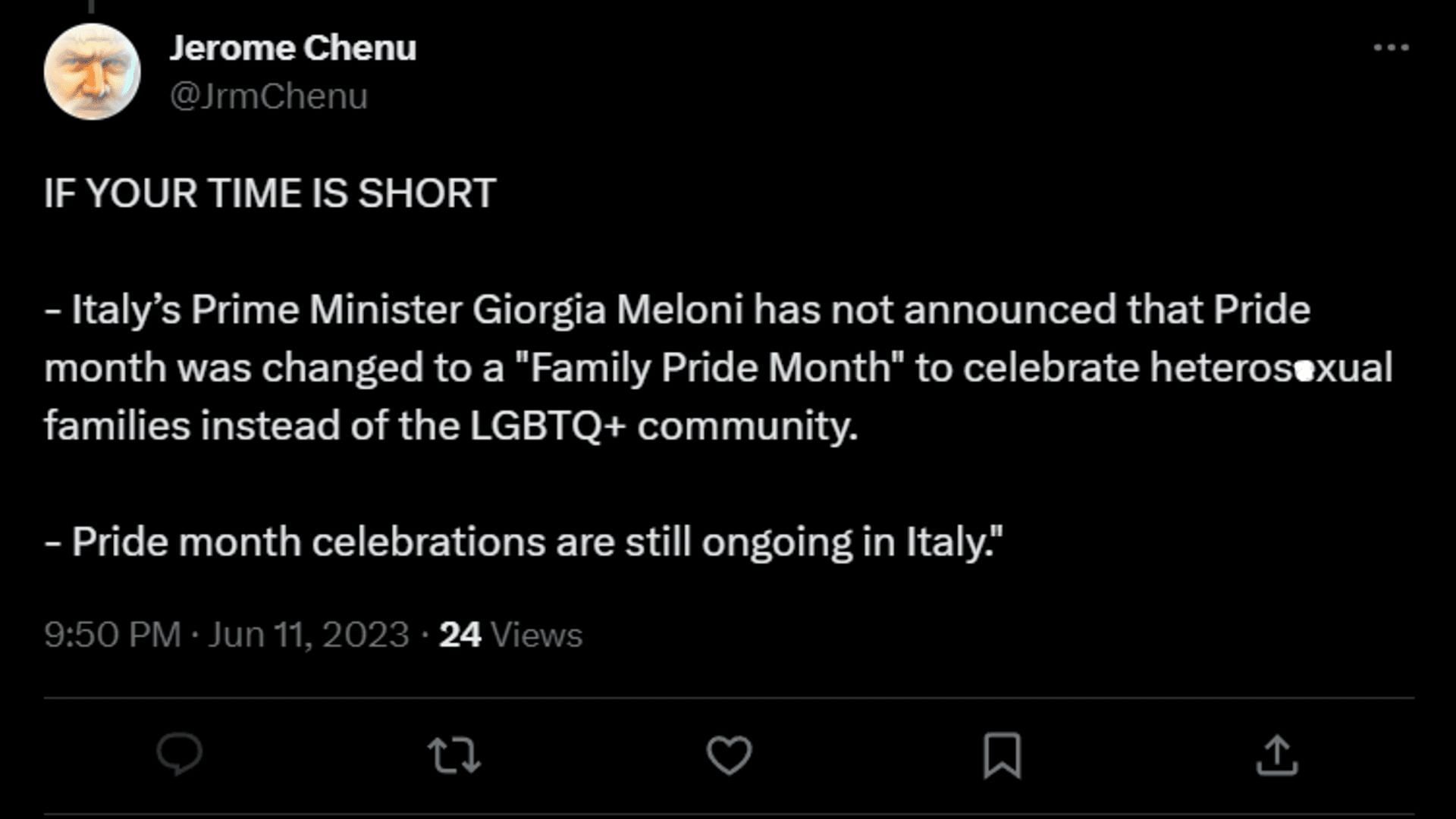 A tweet debunking Italy&#039;s traditional &#039;Family Pride Month&#039; post. (Image via Twitter/Jerome Chenu)